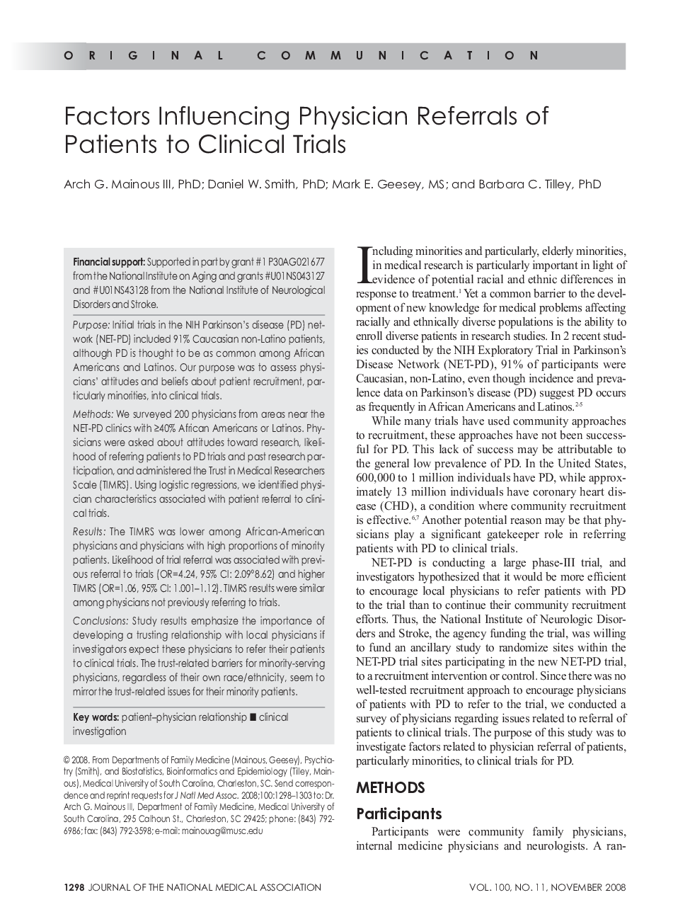 Factors Influencing Physician Referrals of Patients to Clinical Trials