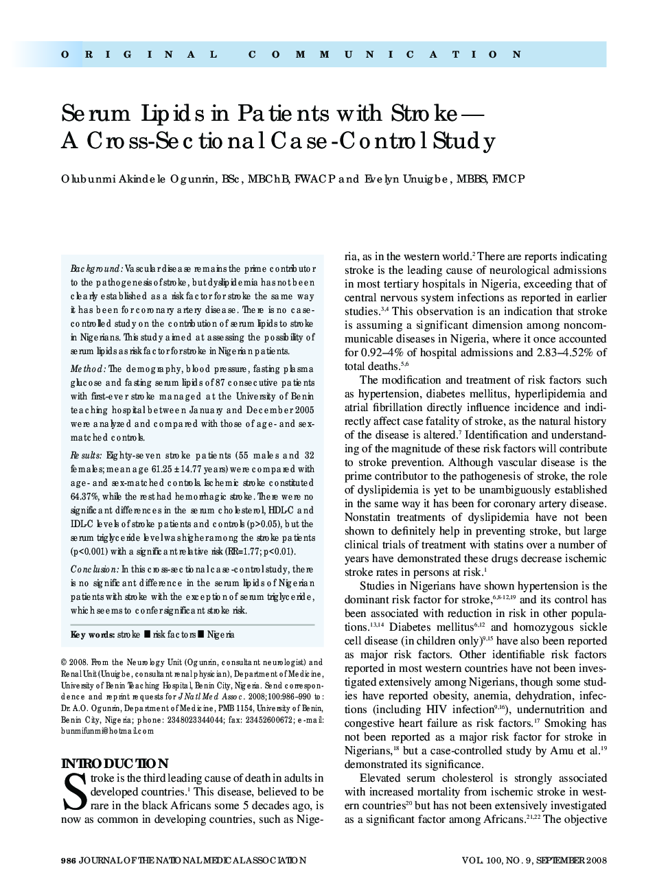 Serum Lipids in Patients with Stroke-A Cross-Sectional Case-Control Study