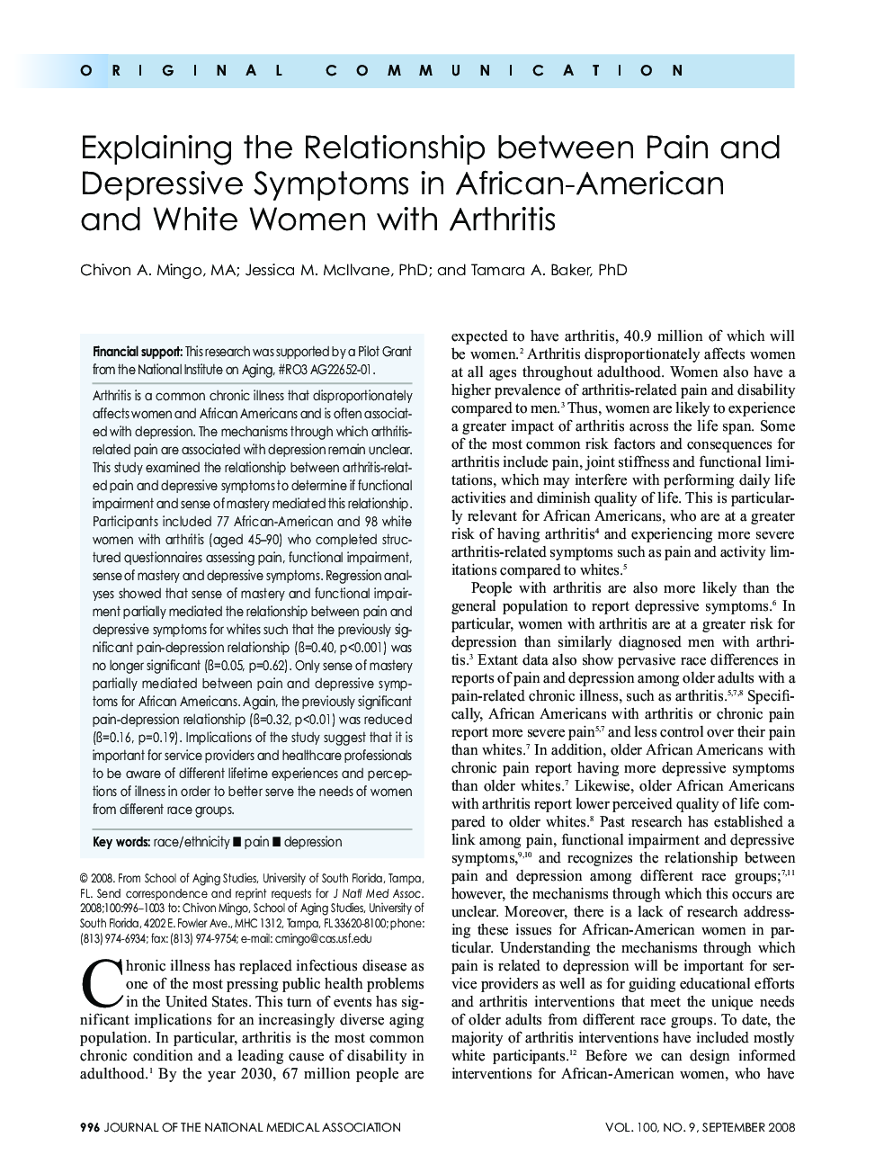 Explaining the Relationship between Pain and Depressive Symptoms in African-American and White Women with Arthritis