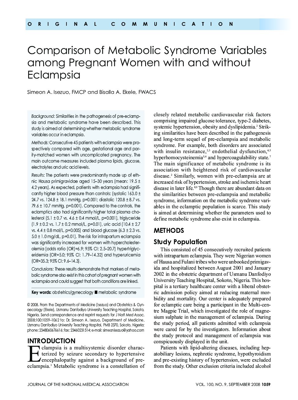 Comparison of Metabolic Syndrome Variables among Pregnant Women with and without Eclampsia