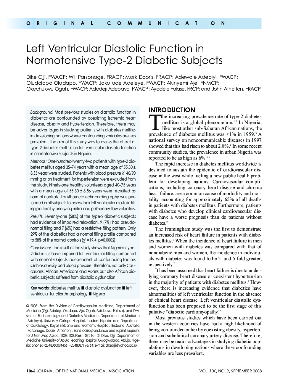 Left Ventricular Diastolic Function in Normotensive Type-2 Diabetic Subjects