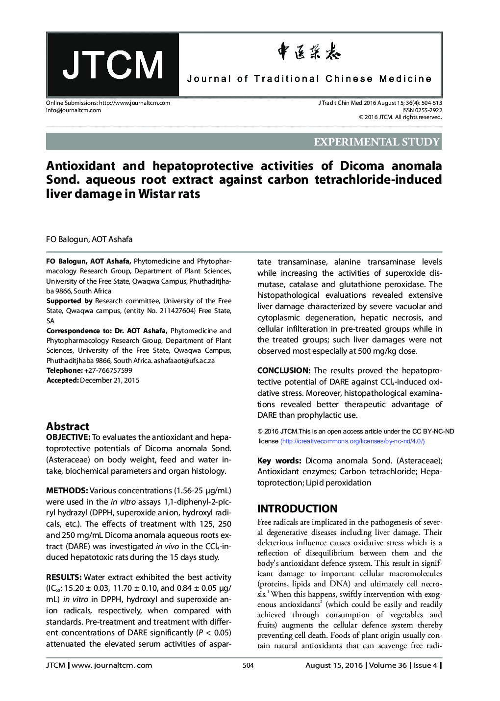 Antioxidant and hepatoprotective activities of Dicoma anomala Sond. aqueous root extract against carbon tetrachloride-induced liver damage in Wistar rats 