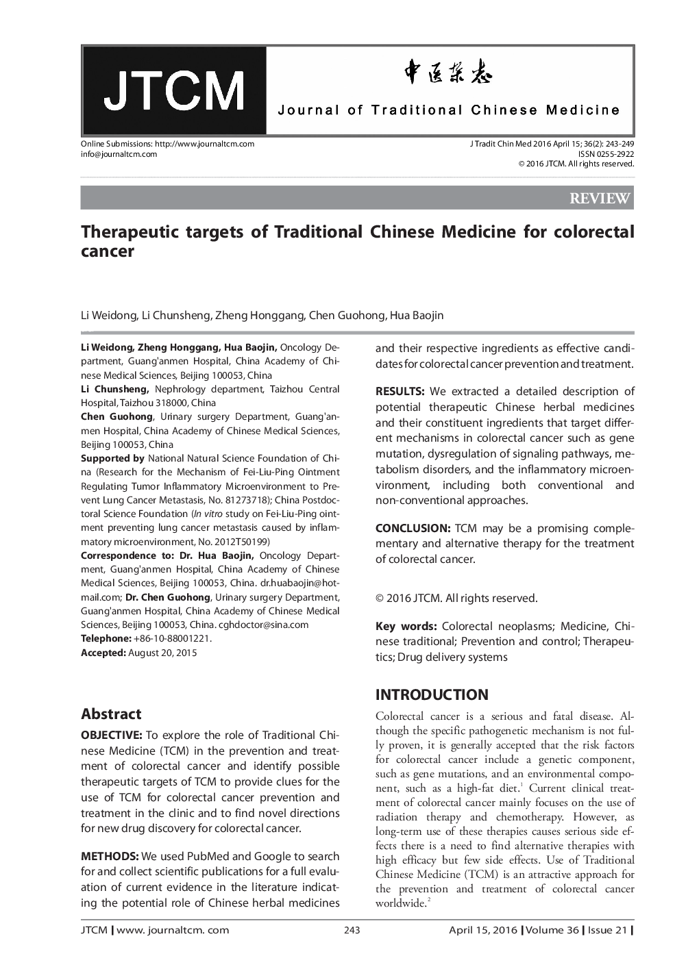 Therapeutic targets of Traditional Chinese Medicine for colorectal cancer 