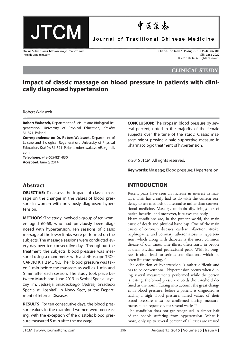 Impact of classic massage on blood pressure in patients with clinically diagnosed hypertension