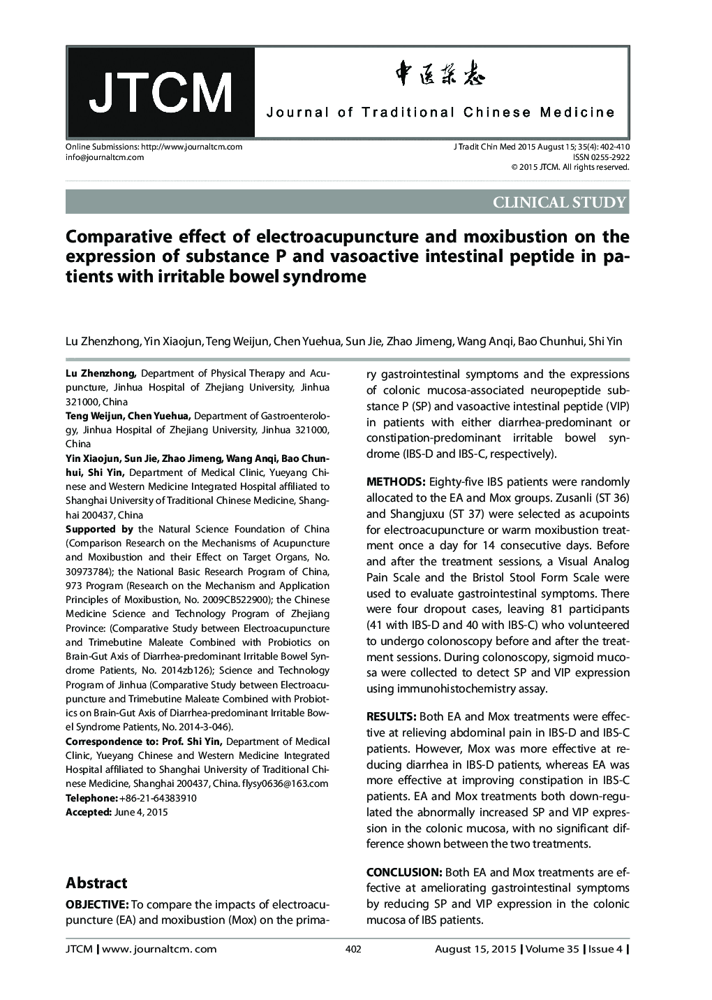 Comparative effect of electroacupuncture and moxibustion on the expression of substance P and vasoactive intestinal peptide in patients with irritable bowel syndrome 