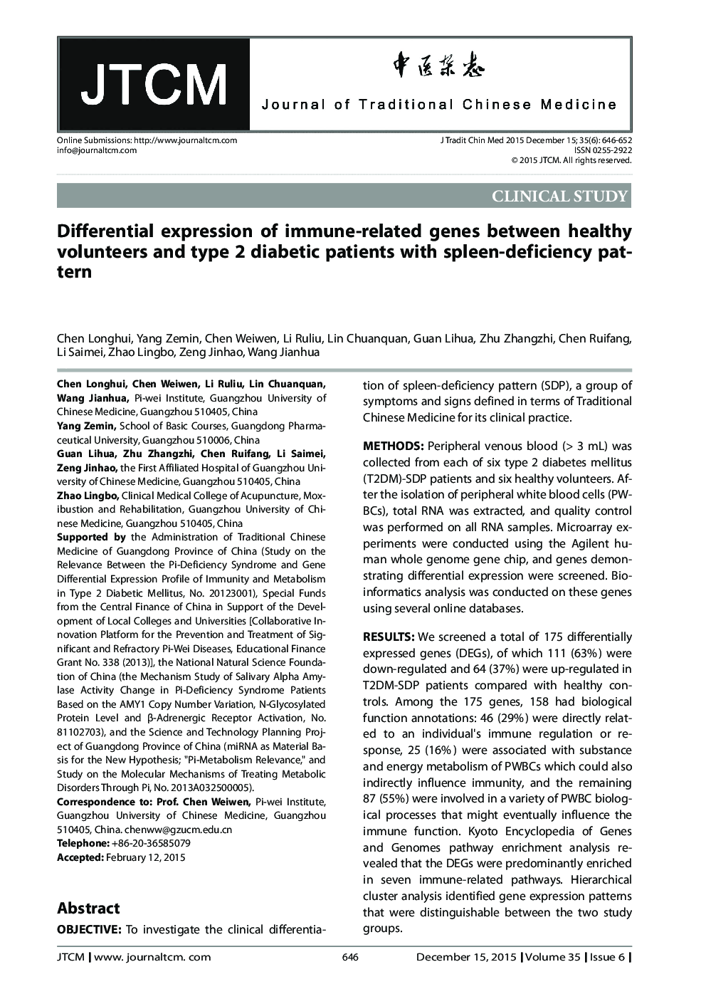 Differential expression of immune-related genes between healthy volunteers and type 2 diabetic patients with spleen-deficiency pattern 