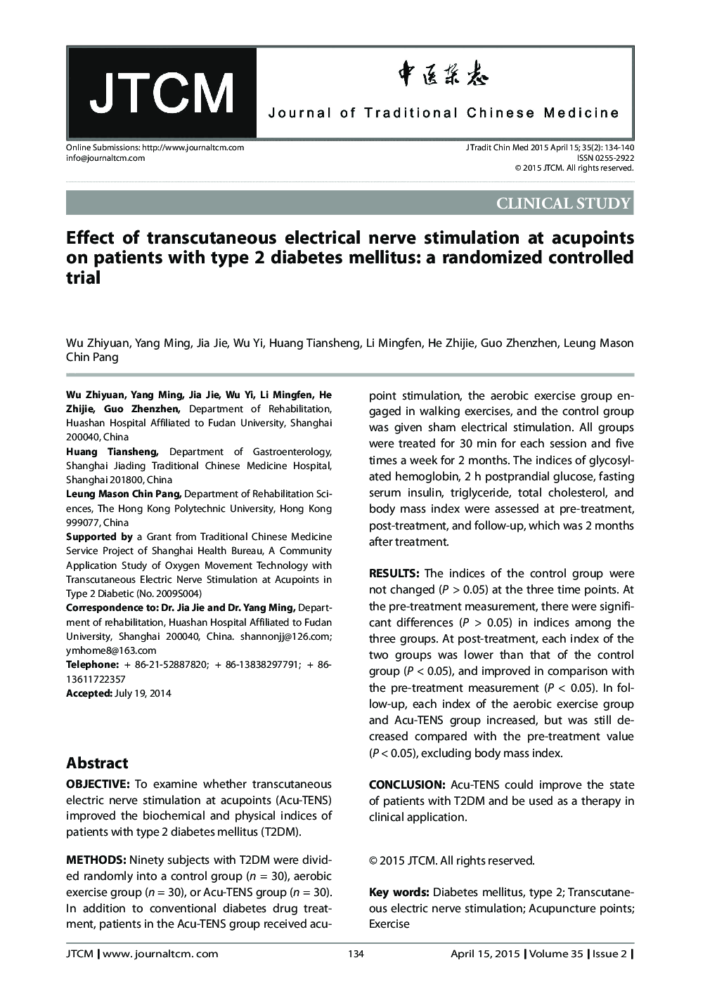 Effect of transcutaneous electrical nerve stimulation at acupoints on patients with type 2 diabetes mellitus: a randomized controlled trial 