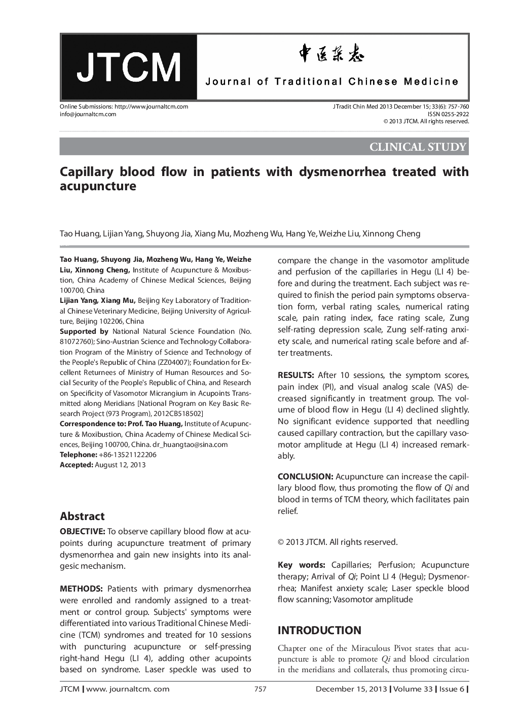 Capillary blood flow in patients with dysmenorrhea treated with acupuncture 