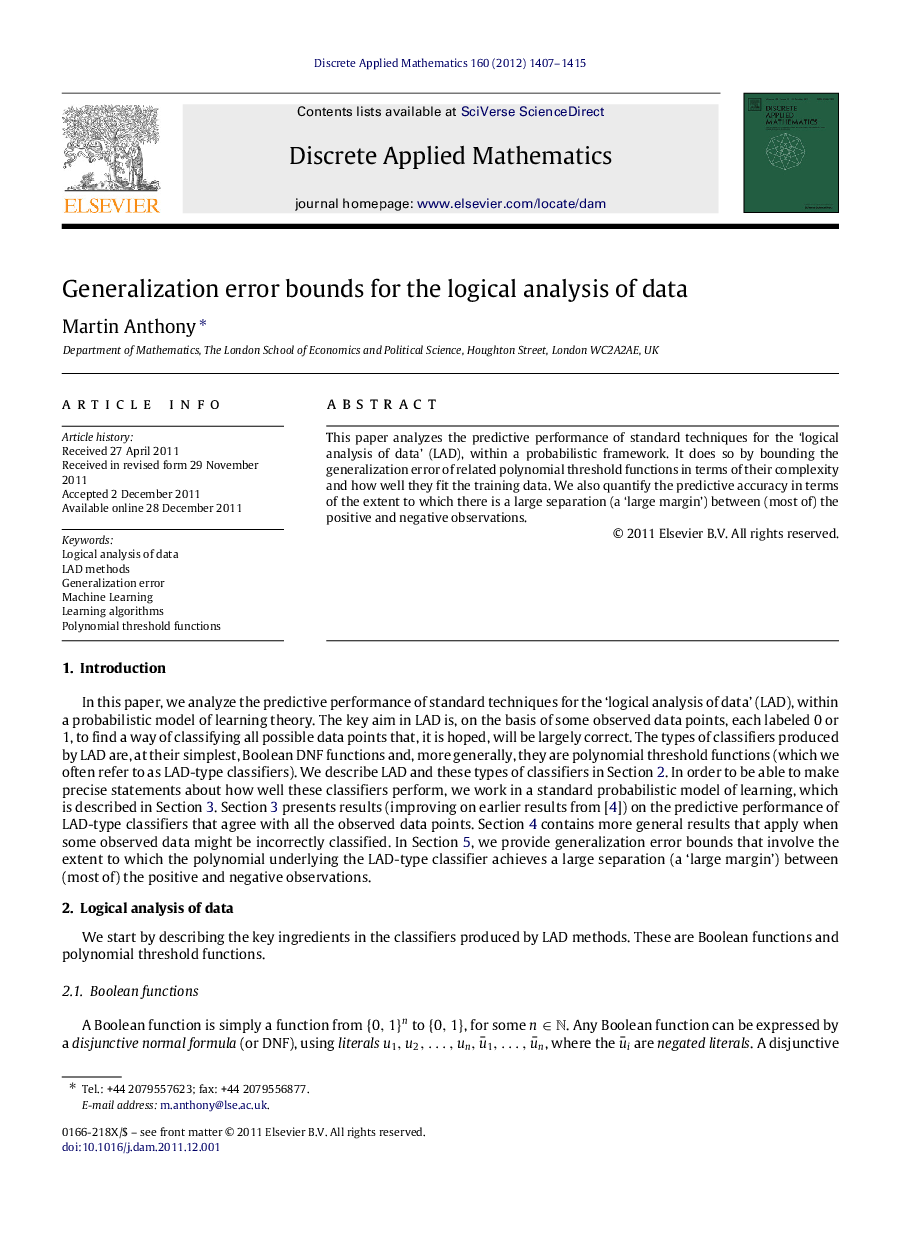 Generalization error bounds for the logical analysis of data