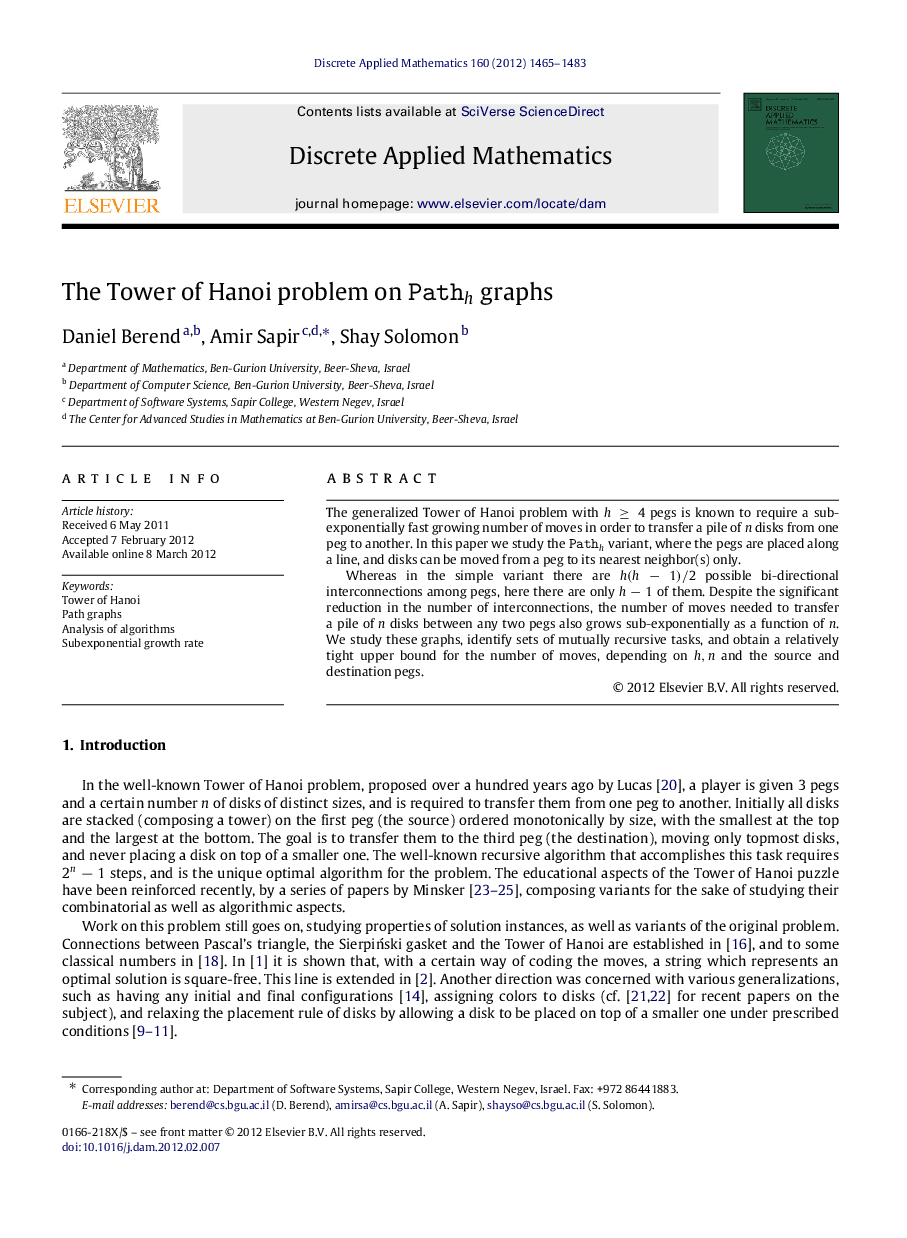 The Tower of Hanoi problem on Pathh graphs