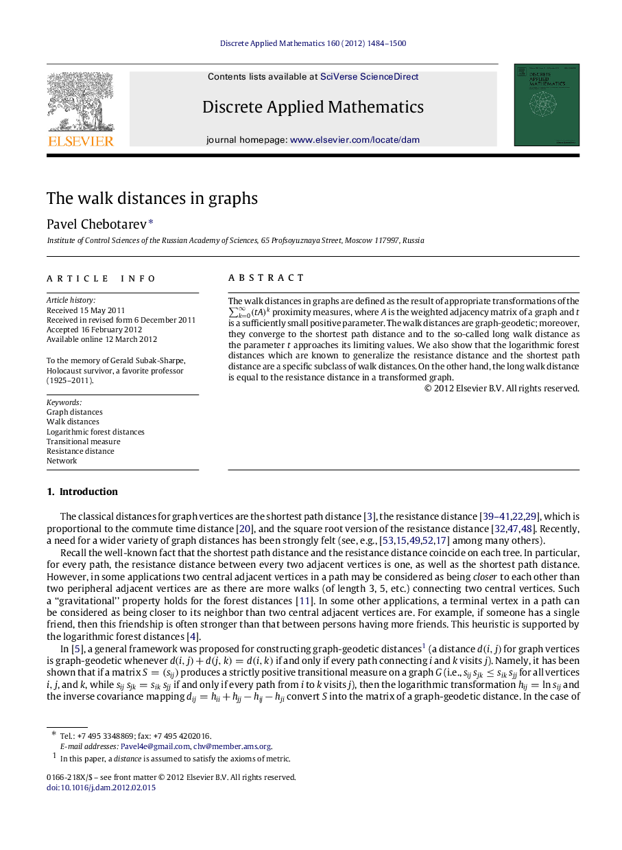 The walk distances in graphs