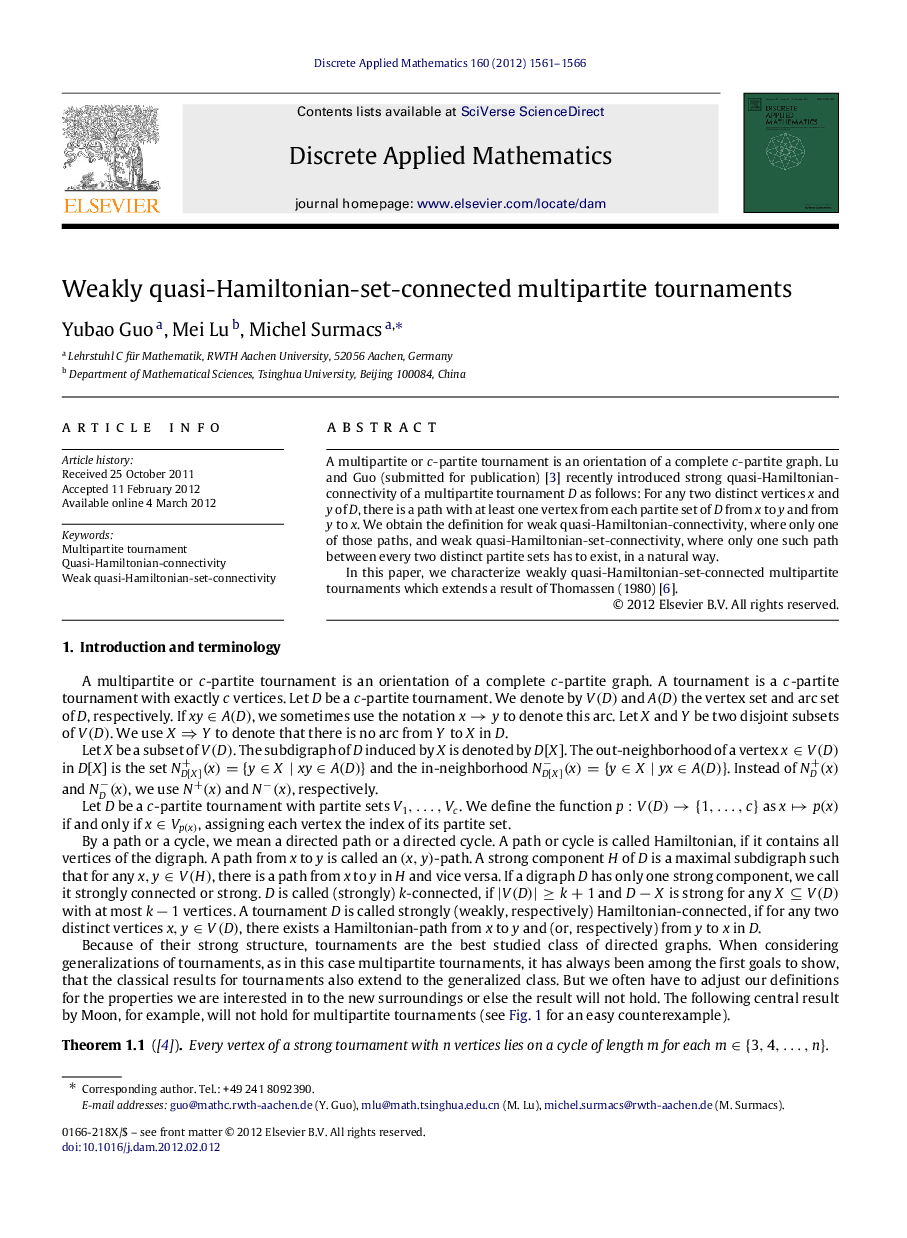 Weakly quasi-Hamiltonian-set-connected multipartite tournaments