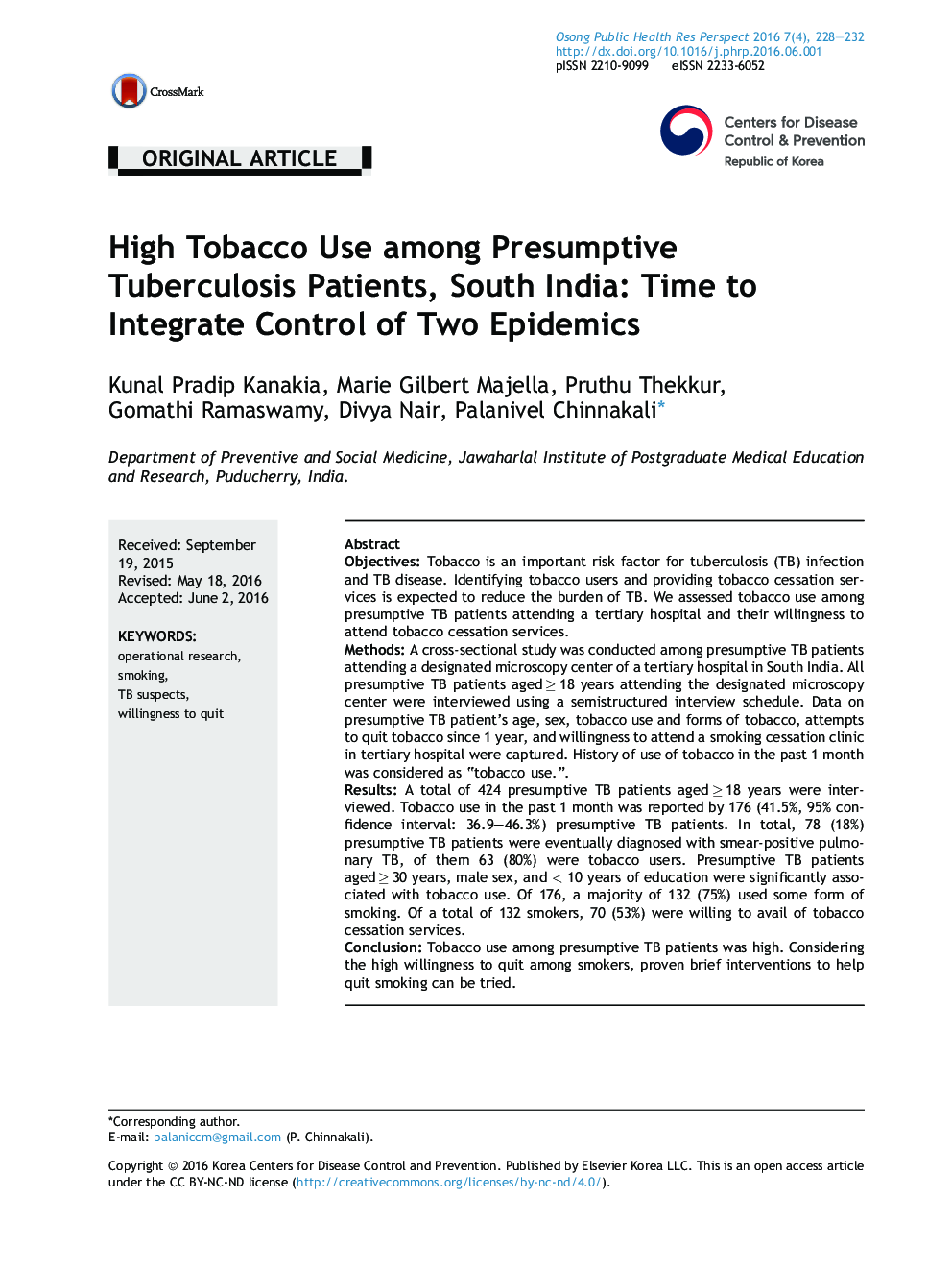 High Tobacco Use among Presumptive Tuberculosis Patients, South India: Time to Integrate Control of Two Epidemics