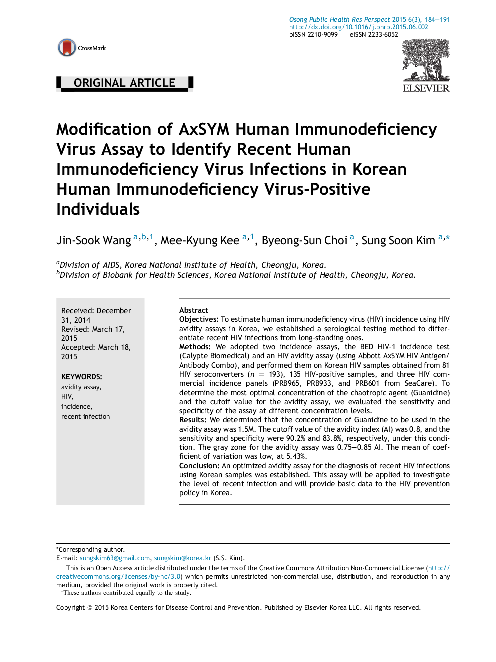 Modification of AxSYM Human Immunodeficiency Virus Assay to Identify Recent Human Immunodeficiency Virus Infections in Korean Human Immunodeficiency Virus-Positive Individuals 