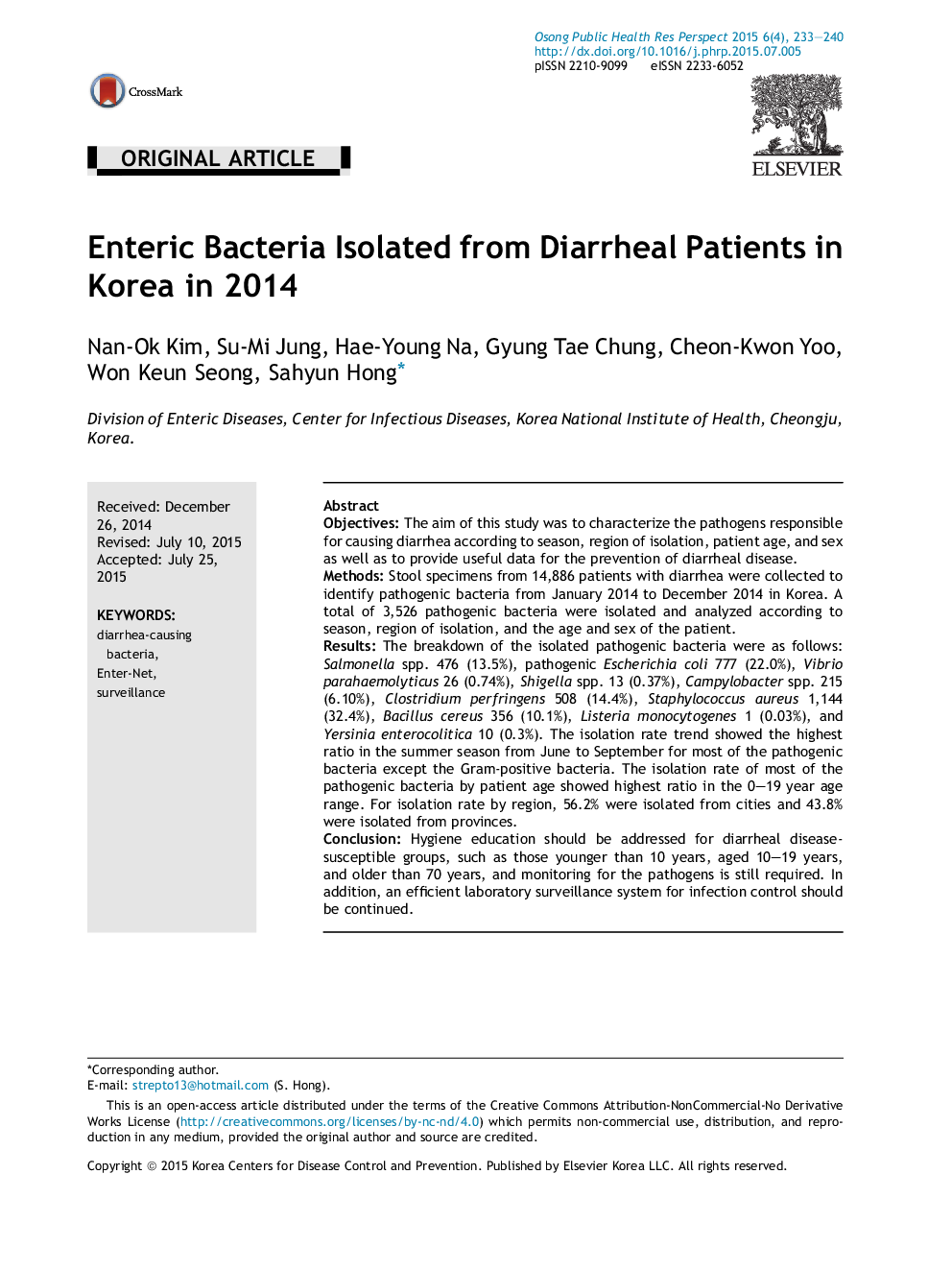 Enteric Bacteria Isolated from Diarrheal Patients in Korea in 2014 