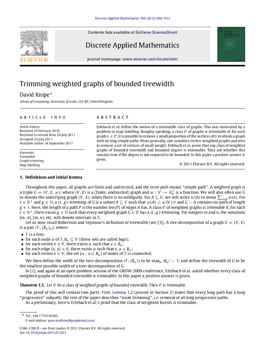 Trimming weighted graphs of bounded treewidth