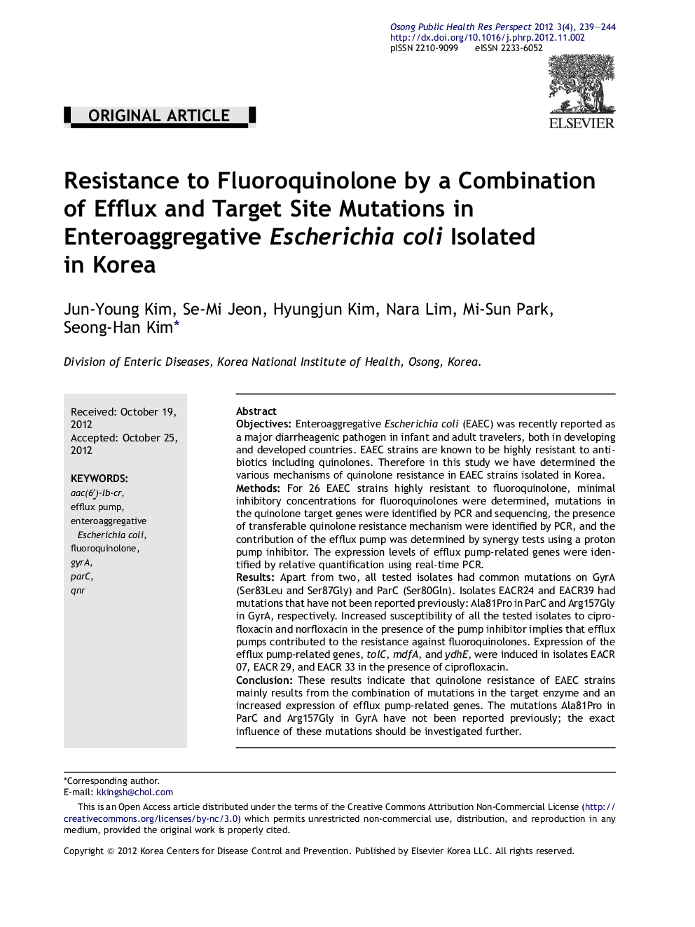 Resistance to Fluoroquinolone by a Combination of Efflux and Target Site Mutations in Enteroaggregative Escherichia coli Isolated in Korea 