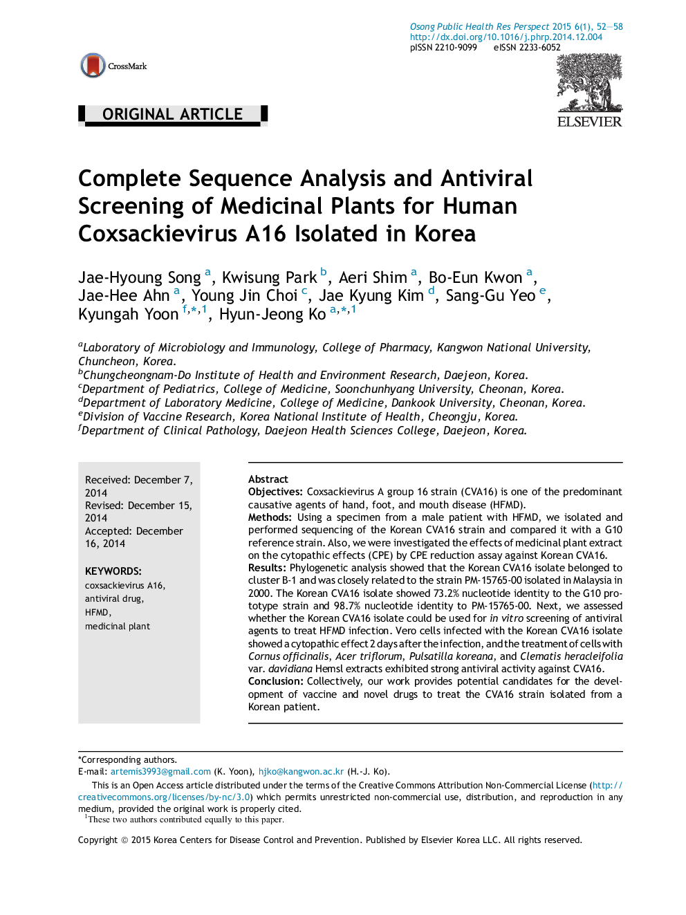 Complete Sequence Analysis and Antiviral Screening of Medicinal Plants for Human Coxsackievirus A16 Isolated in Korea 