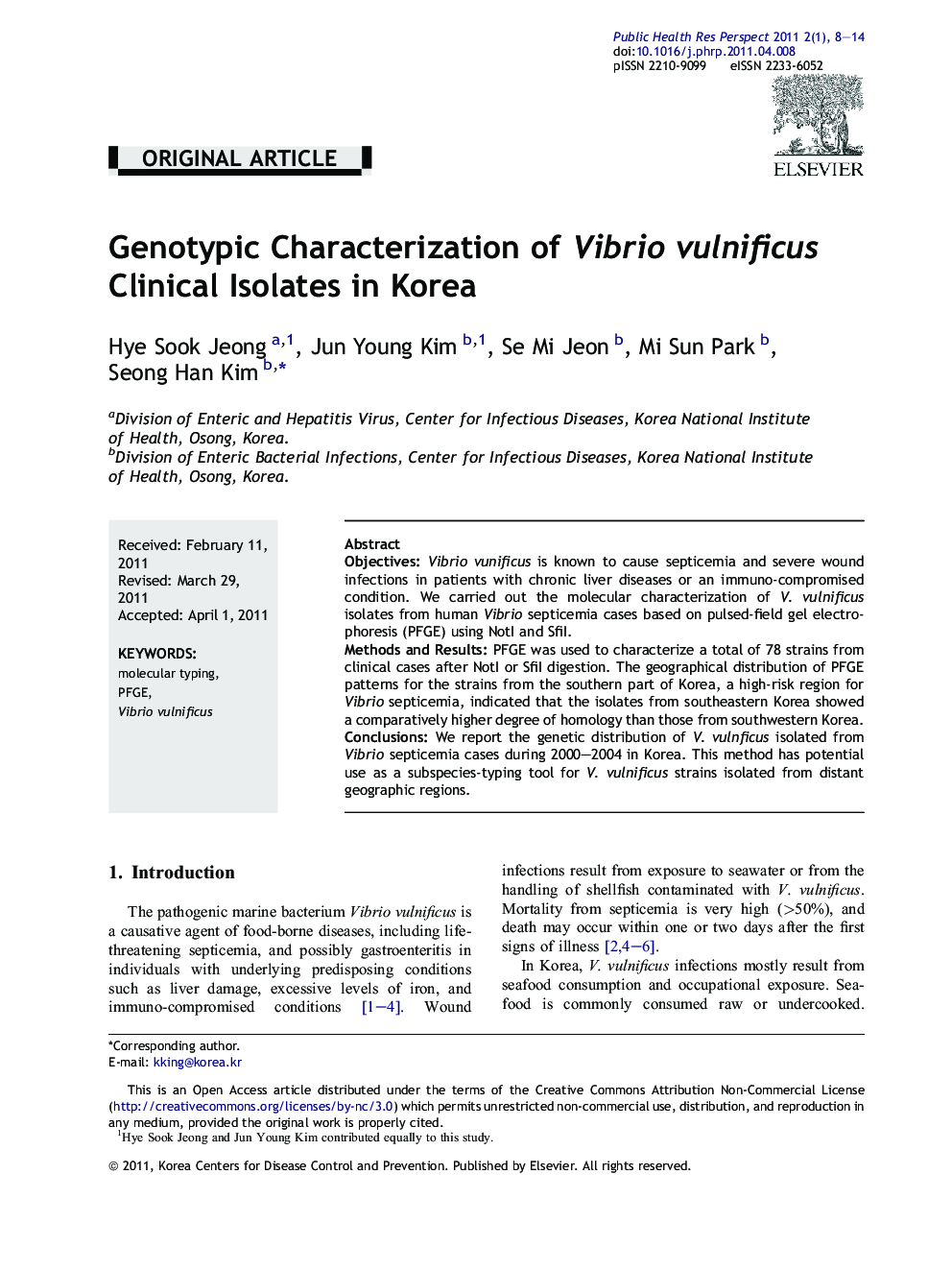 Genotypic Characterization of Vibrio vulnificus Clinical Isolates in Korea 