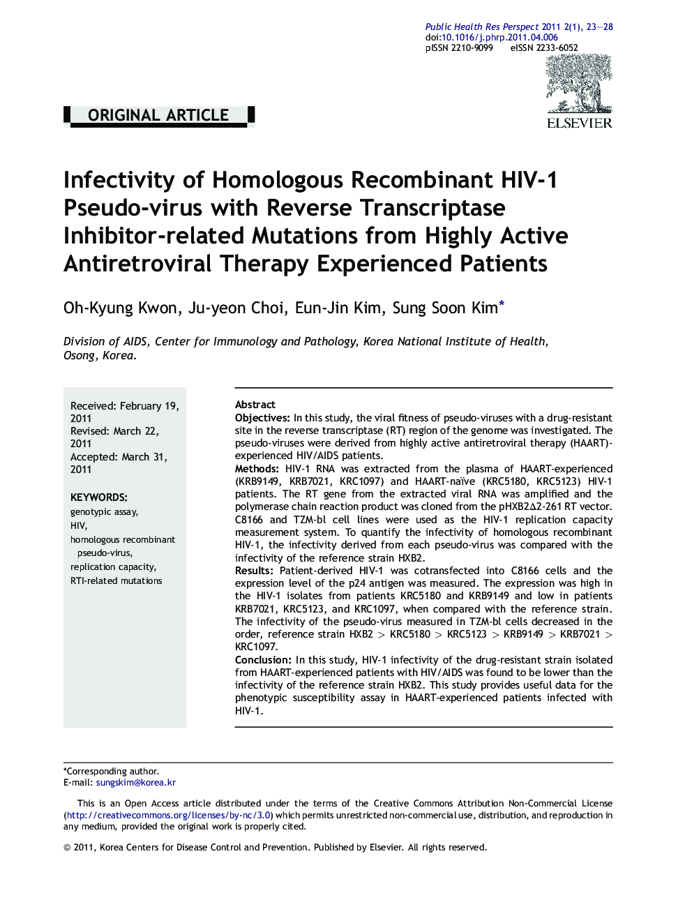 Infectivity of Homologous Recombinant HIV-1 Pseudo-virus with Reverse Transcriptase Inhibitor-related Mutations from Highly Active Antiretroviral Therapy Experienced Patients 