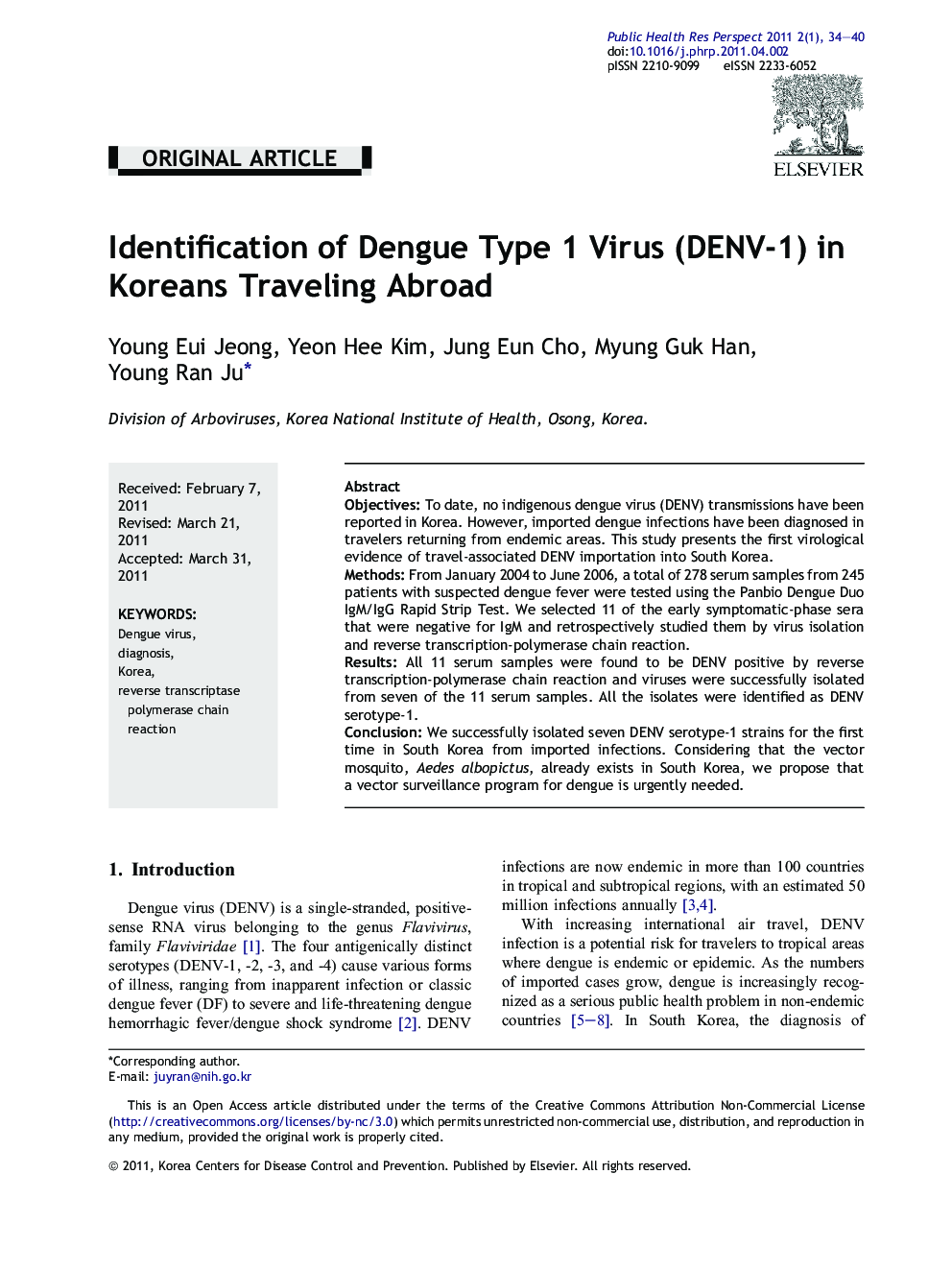 Identification of Dengue Type 1 Virus (DENV-1) in Koreans Traveling Abroad 