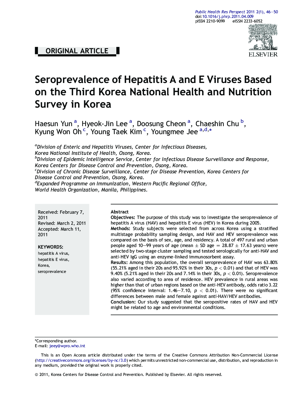 Seroprevalence of Hepatitis A and E Viruses Based on the Third Korea National Health and Nutrition Survey in Korea 