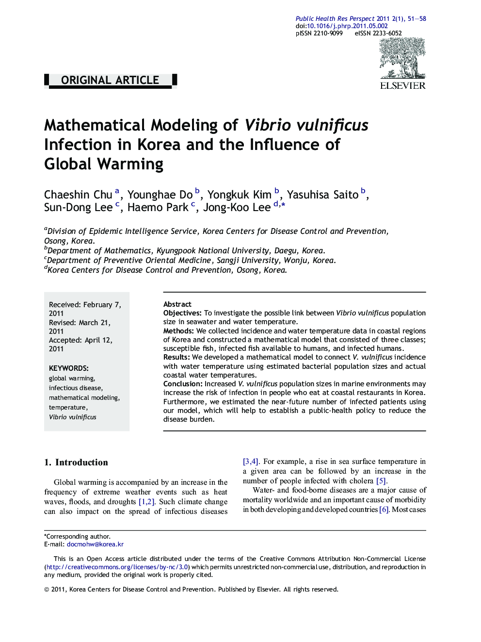 Mathematical Modeling of Vibrio vulnificus Infection in Korea and the Influence of Global Warming 