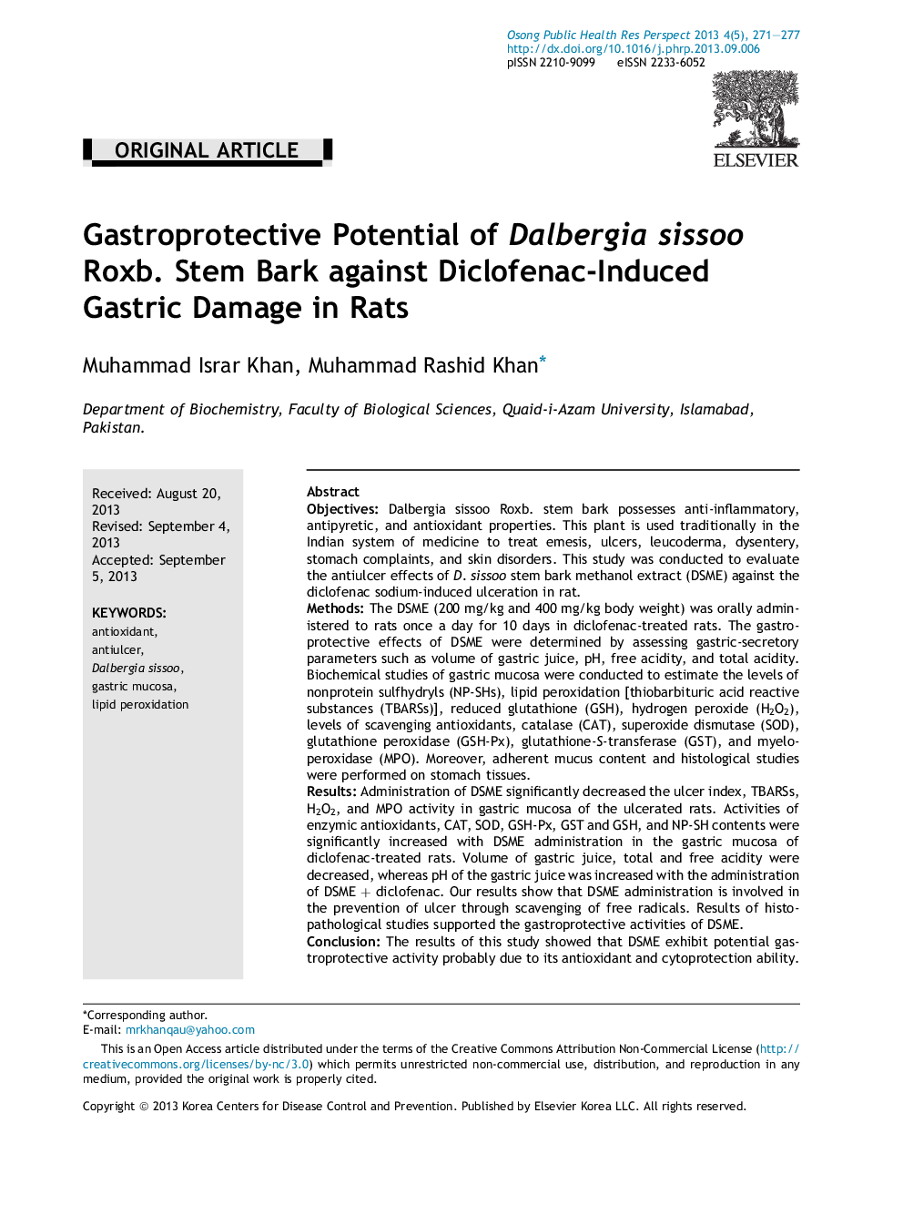 Gastroprotective Potential of Dalbergia sissoo Roxb. Stem Bark against Diclofenac-Induced Gastric Damage in Rats 