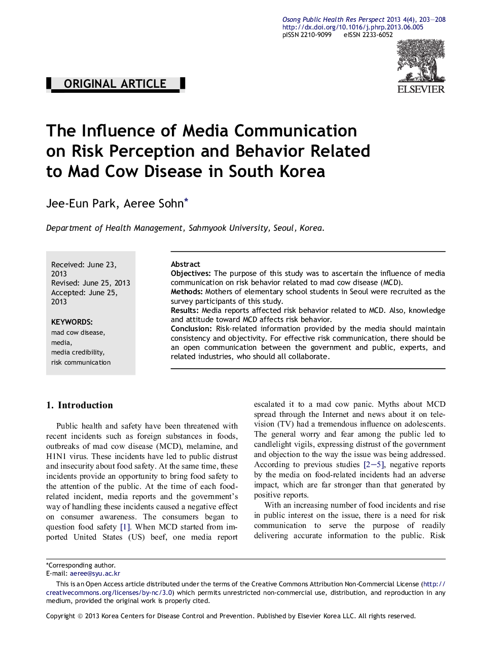 The Influence of Media Communication on Risk Perception and Behavior Related to Mad Cow Disease in South Korea 