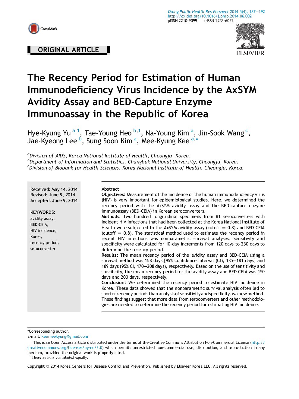 The Recency Period for Estimation of Human Immunodeficiency Virus Incidence by the AxSYM Avidity Assay and BED-Capture Enzyme Immunoassay in the Republic of Korea 