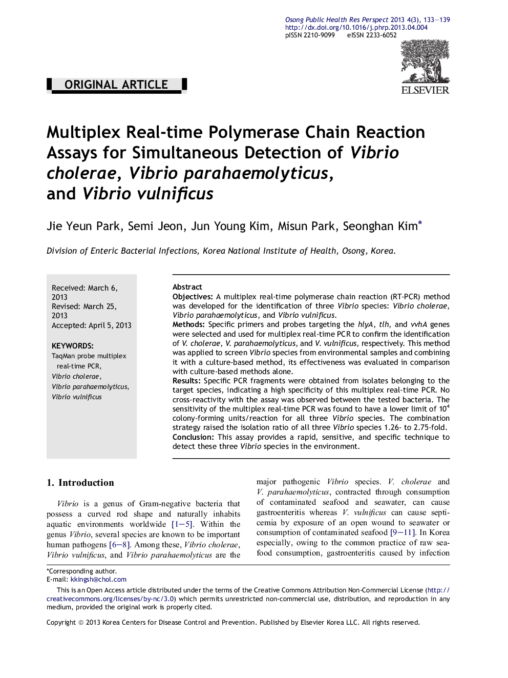 Multiplex Real-time Polymerase Chain Reaction Assays for Simultaneous Detection of Vibrio cholerae, Vibrio parahaemolyticus, and Vibrio vulnificus 