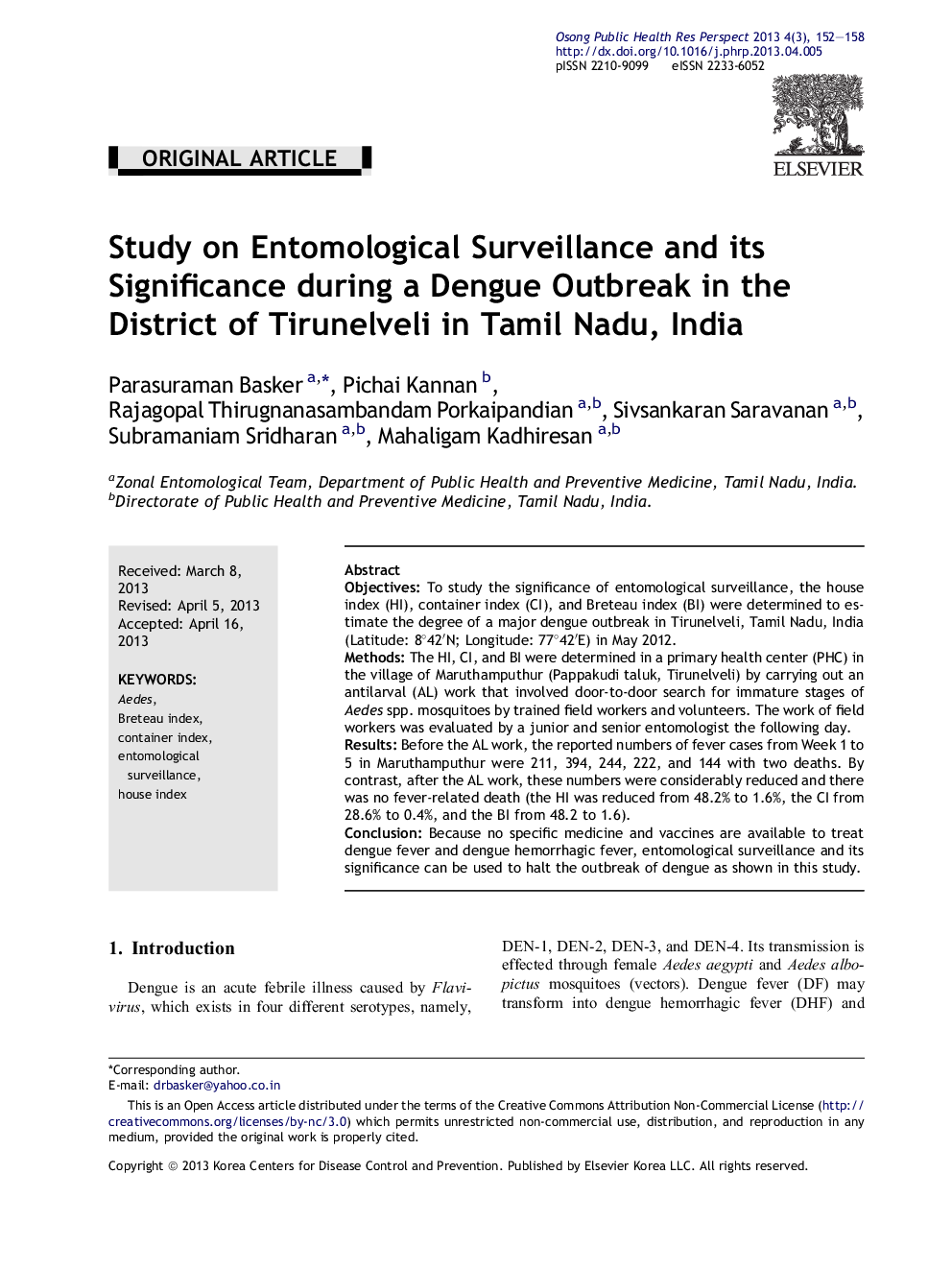 Study on Entomological Surveillance and its Significance during a Dengue Outbreak in the District of Tirunelveli in Tamil Nadu, India 