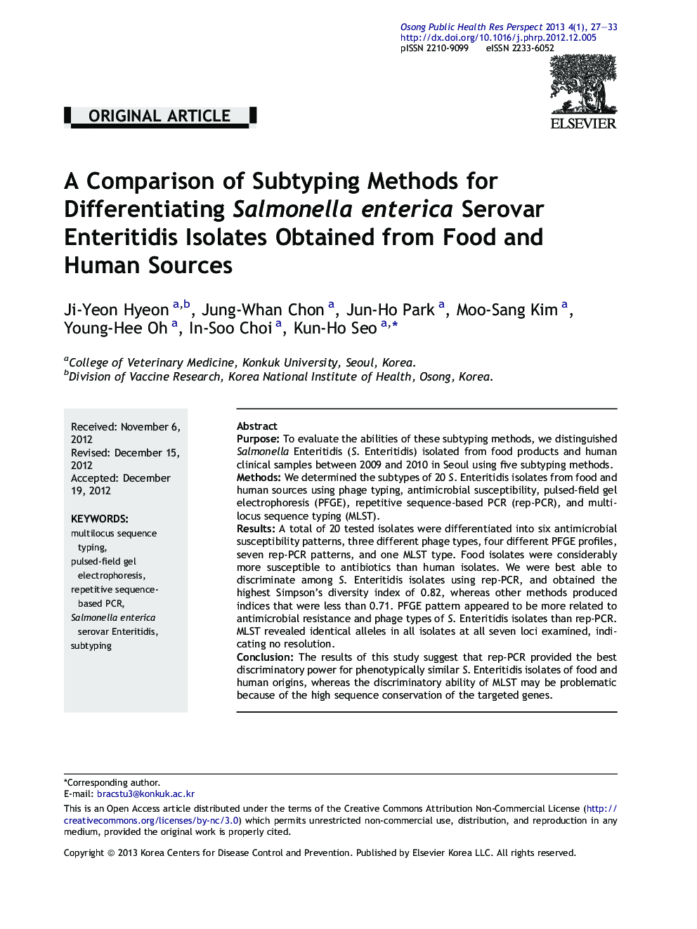 A Comparison of Subtyping Methods for Differentiating Salmonella enterica Serovar Enteritidis Isolates Obtained from Food and Human Sources 