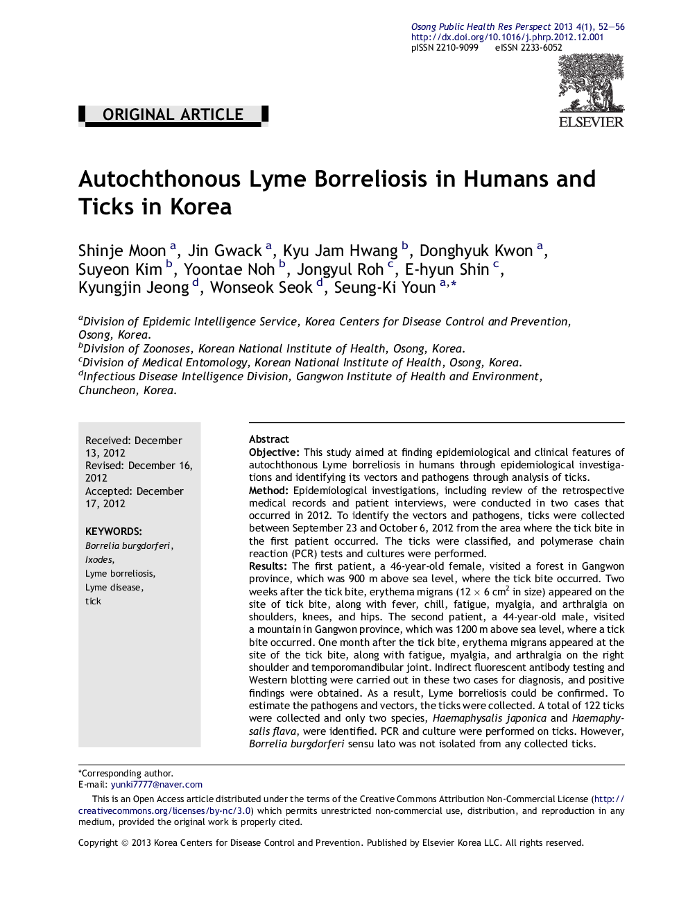 Autochthonous Lyme Borreliosis in Humans and Ticks in Korea