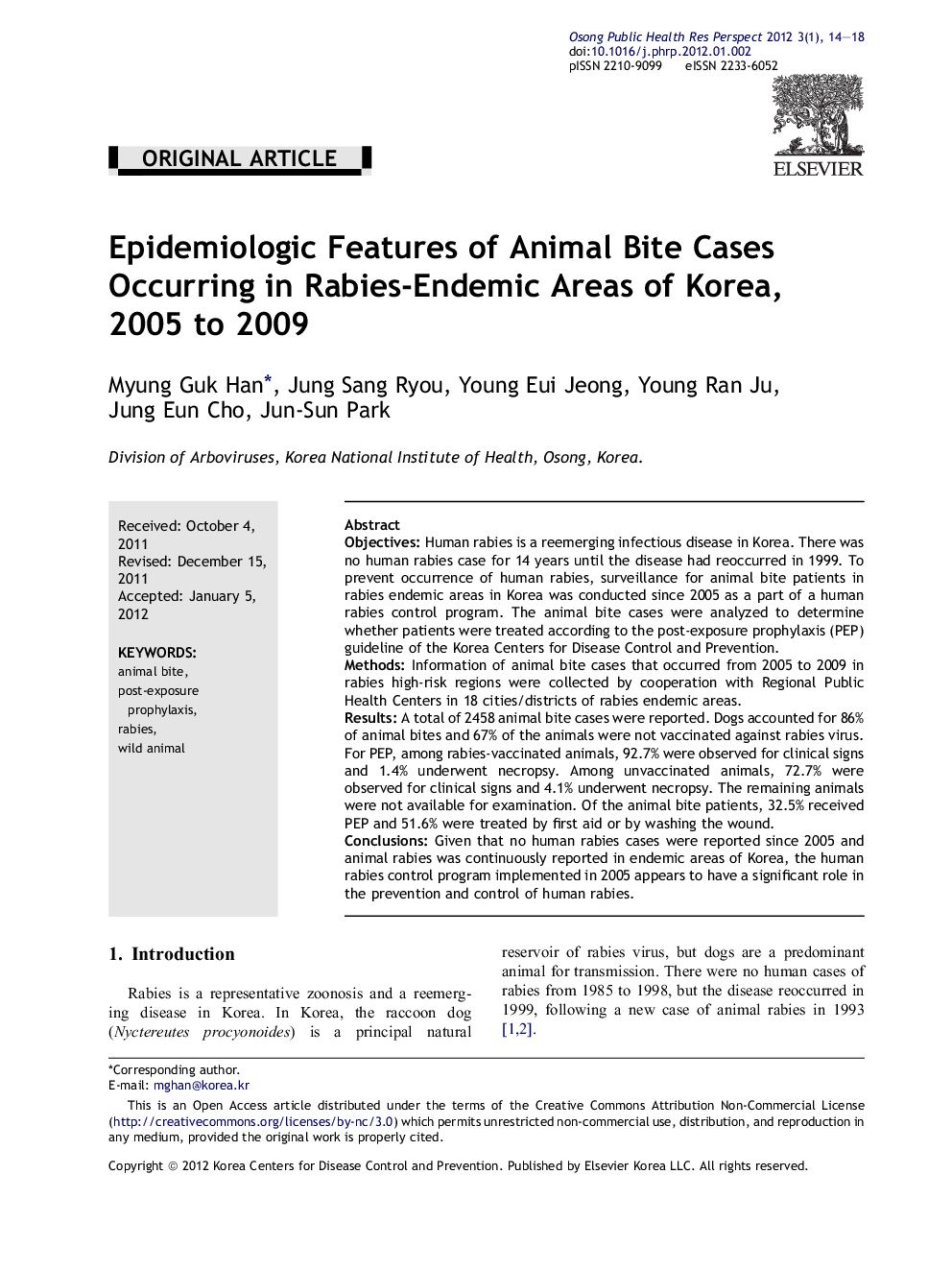 Epidemiologic Features of Animal Bite Cases Occurring in Rabies-Endemic Areas of Korea, 2005 to 2009 