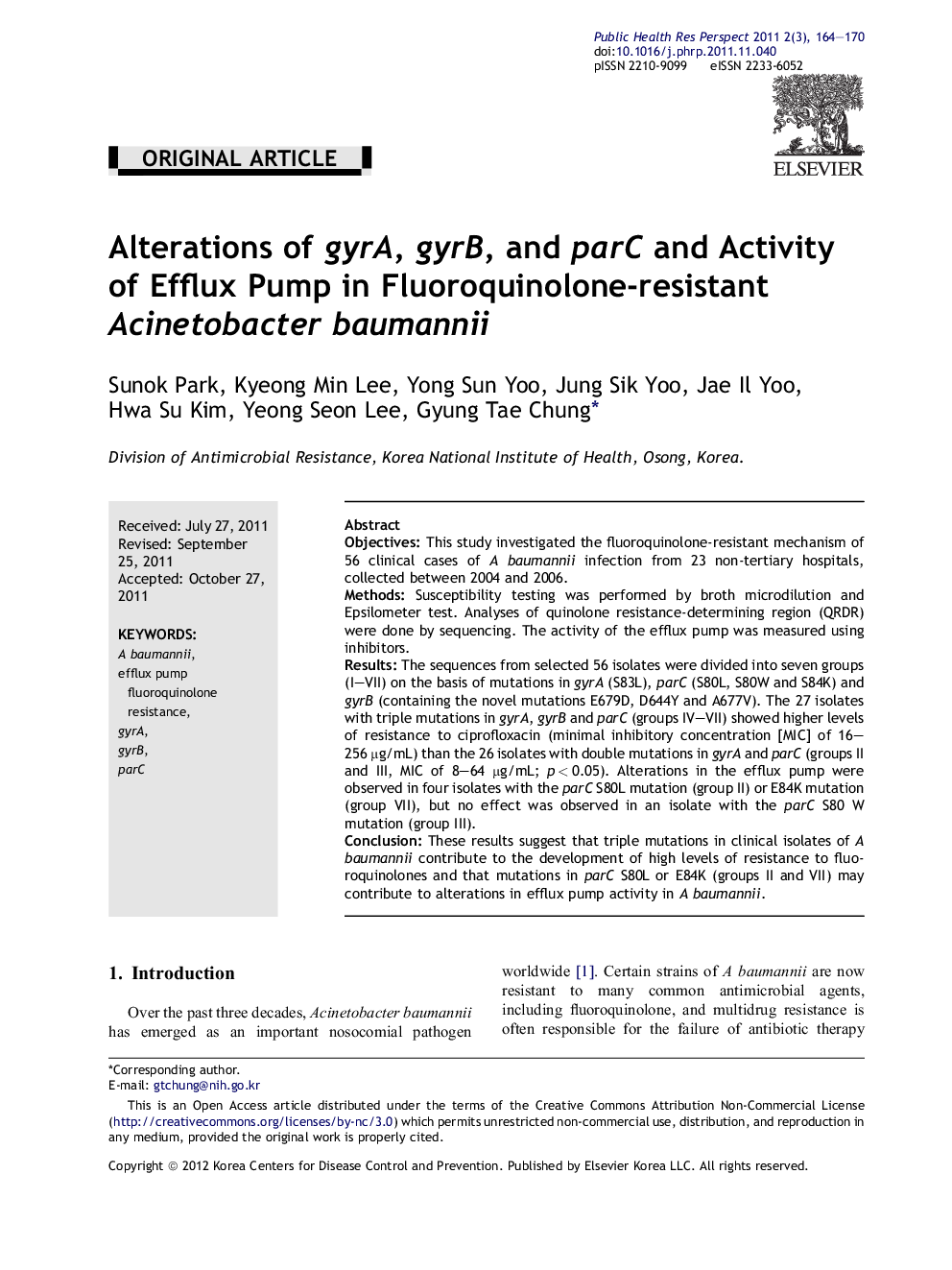 Alterations of gyrA, gyrB, and parC and Activity of Efflux Pump in Fluoroquinolone-resistant Acinetobacter baumannii 