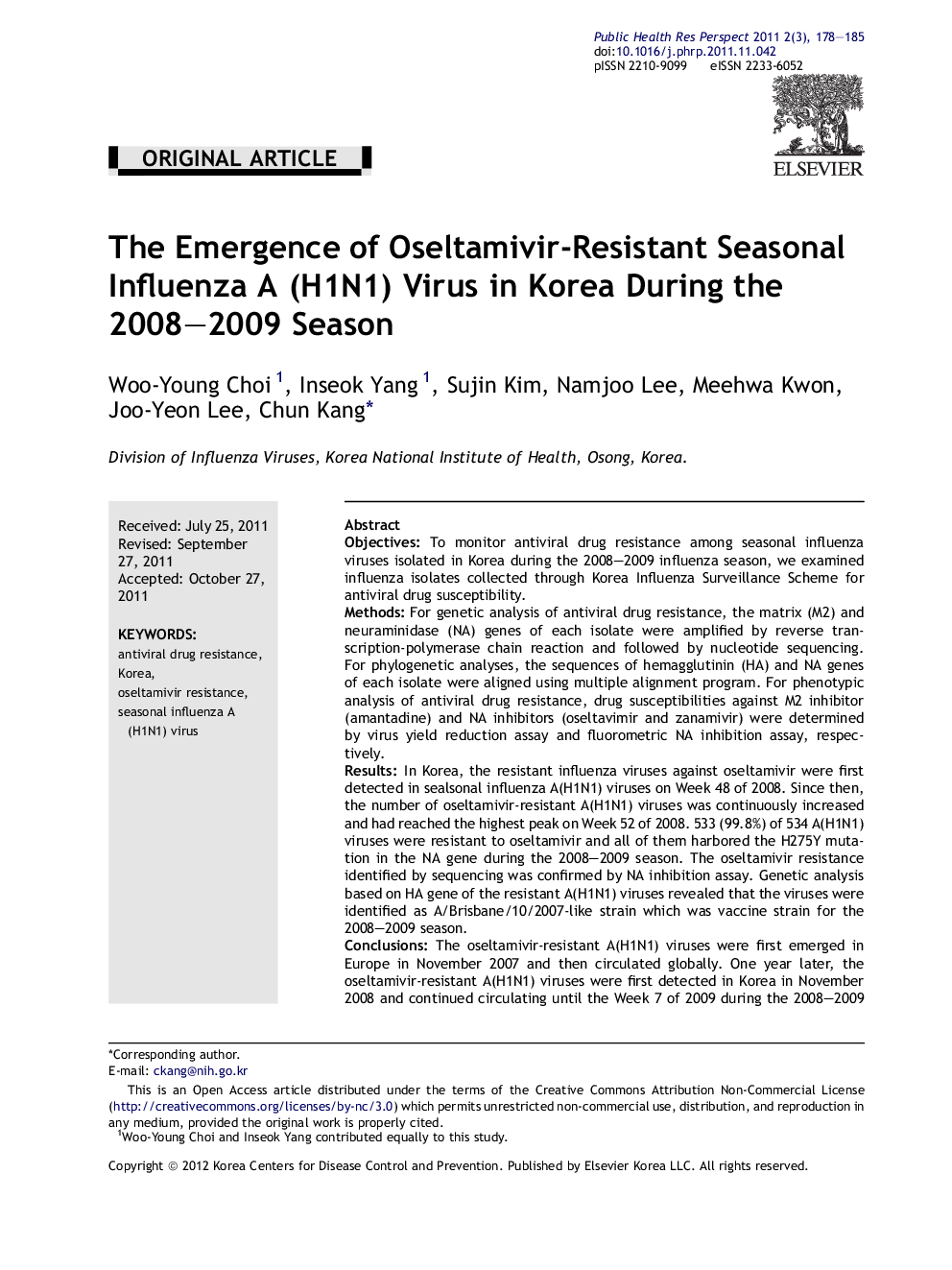The Emergence of Oseltamivir-Resistant Seasonal Influenza A (H1N1) Virus in Korea During the 2008–2009 Season 