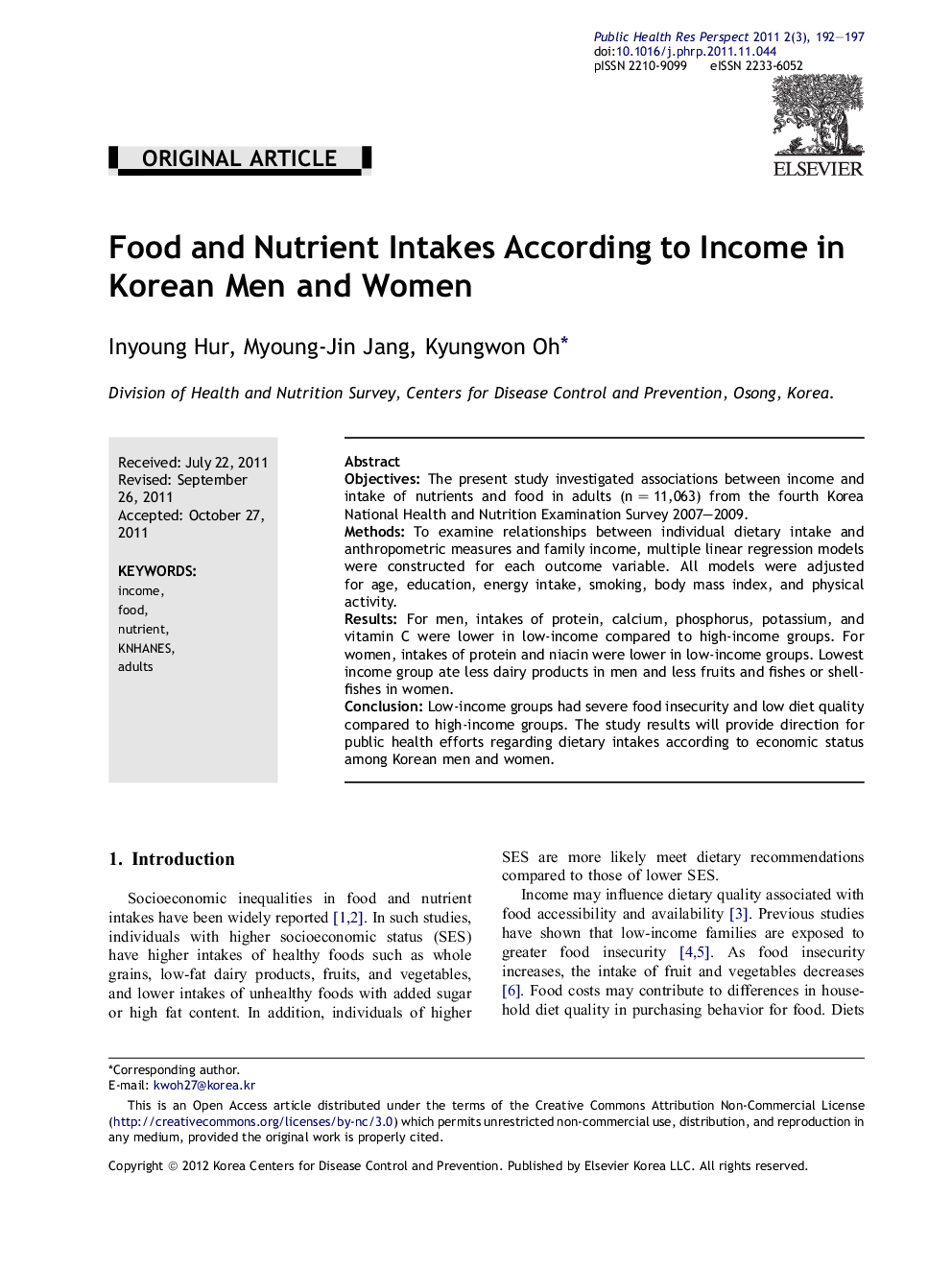 Food and Nutrient Intakes According to Income in Korean Men and Women 