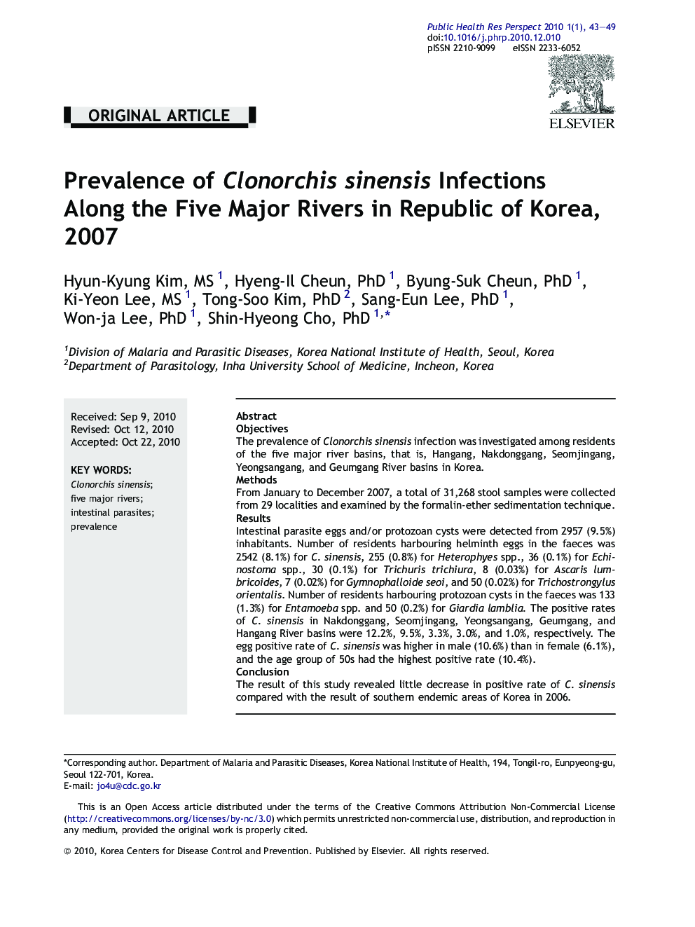 Prevalence of Clonorchis sinensis Infections Along the Five Major Rivers in Republic of Korea, 2007 