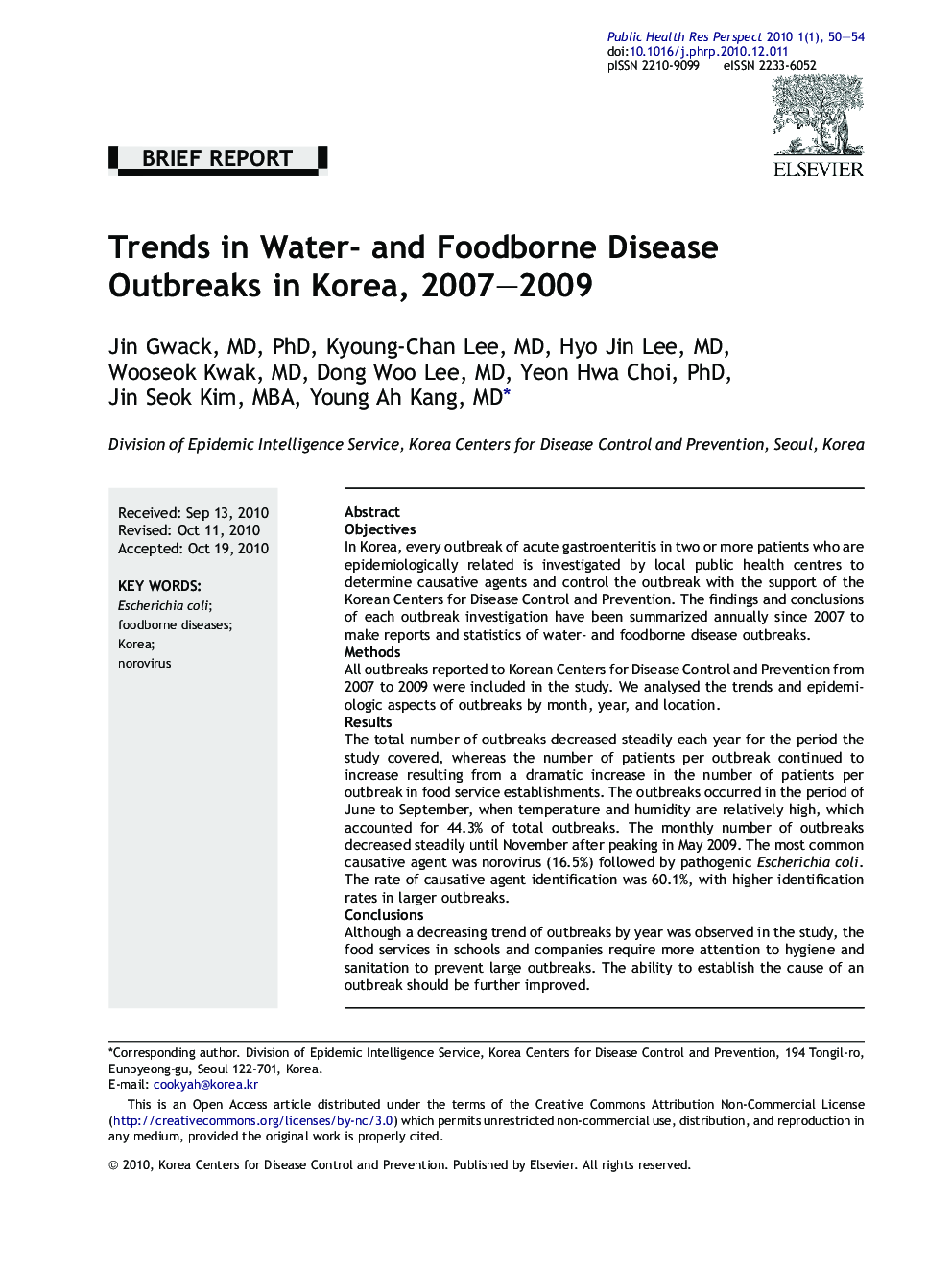 Trends in Water- and Foodborne Disease Outbreaks in Korea, 2007–2009 