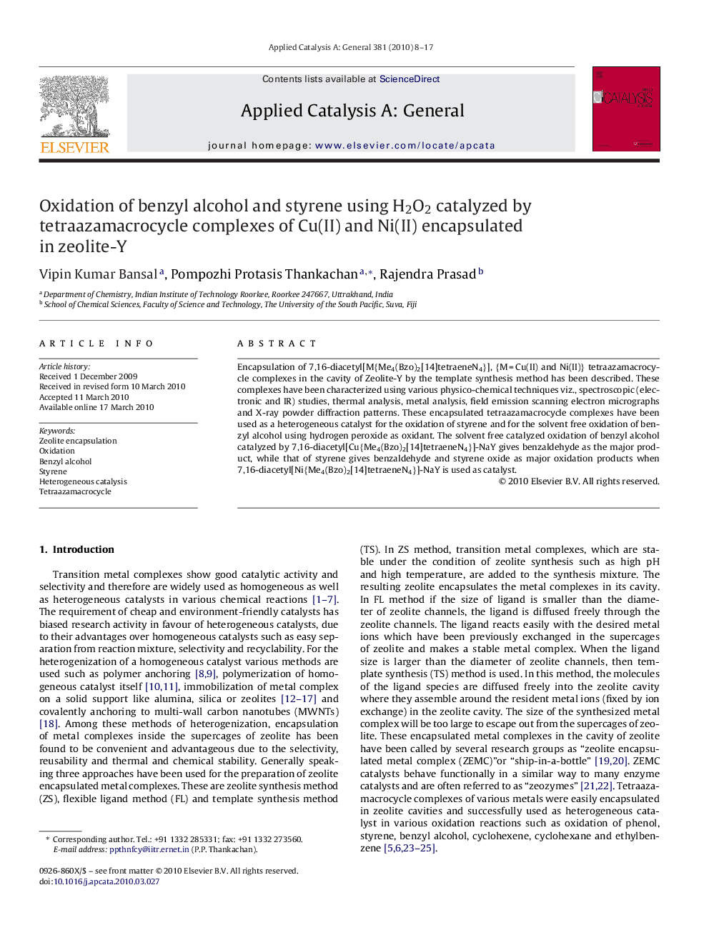 Oxidation of benzyl alcohol and styrene using H2O2 catalyzed by tetraazamacrocycle complexes of Cu(II) and Ni(II) encapsulated in zeolite-Y