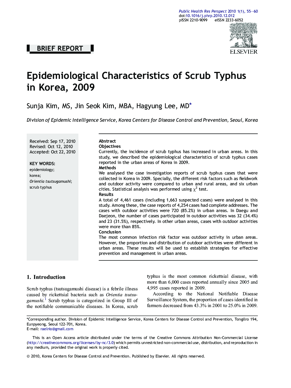 Epidemiological Characteristics of Scrub Typhus in Korea, 2009 