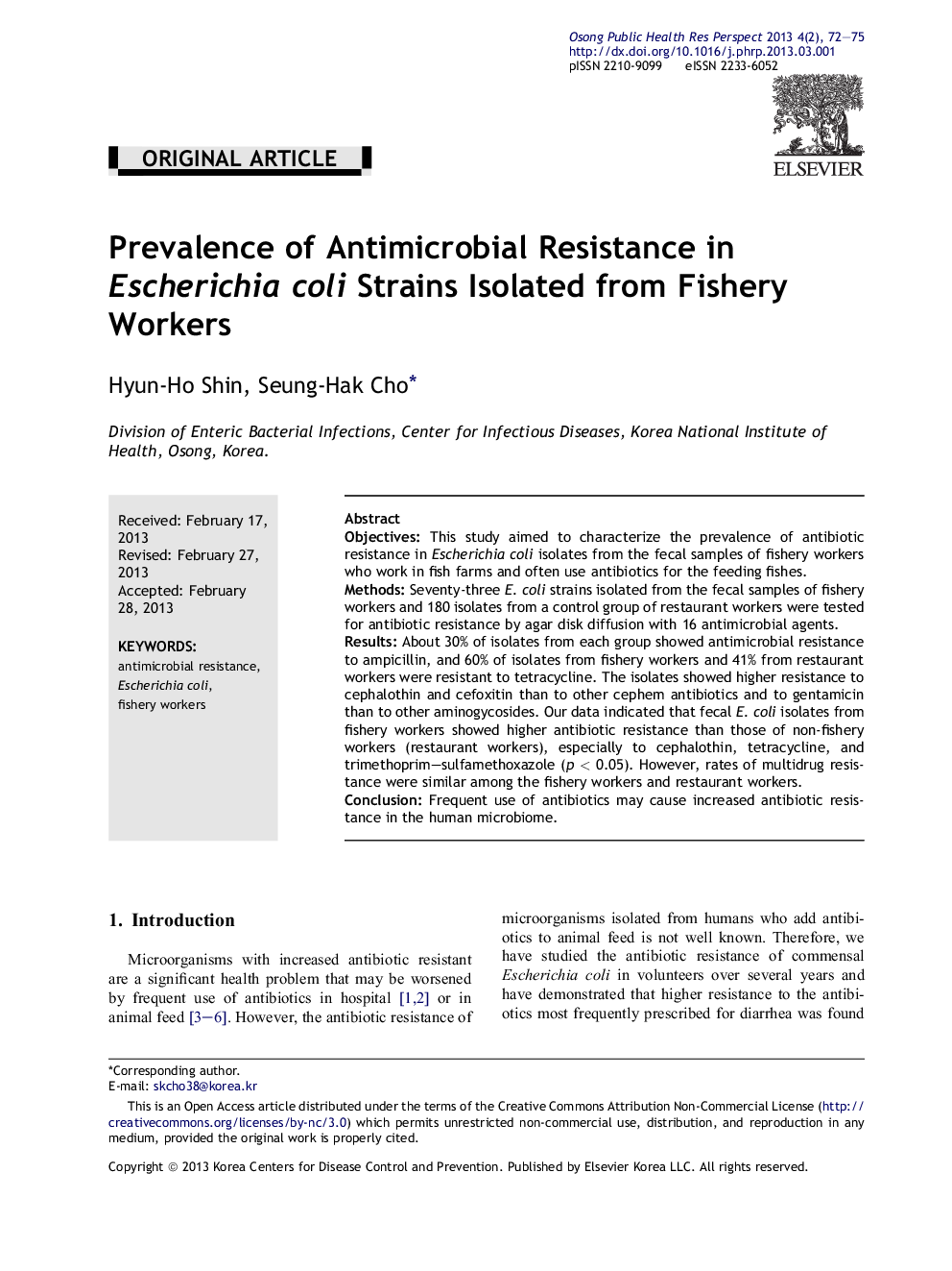 Prevalence of Antimicrobial Resistance in Escherichia coli Strains Isolated from Fishery Workers 