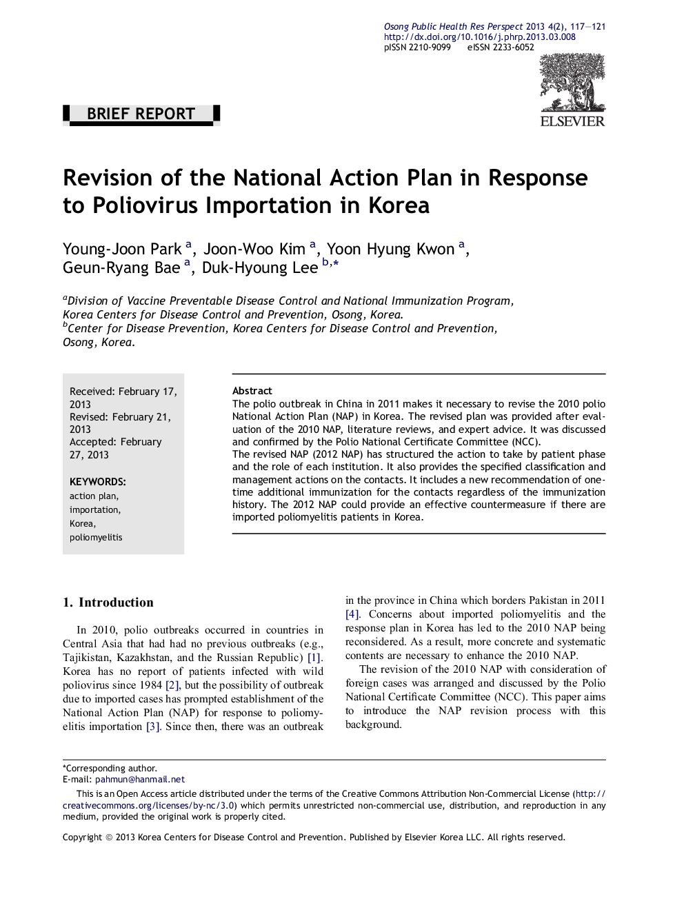 Revision of the National Action Plan in Response to Poliovirus Importation in Korea 