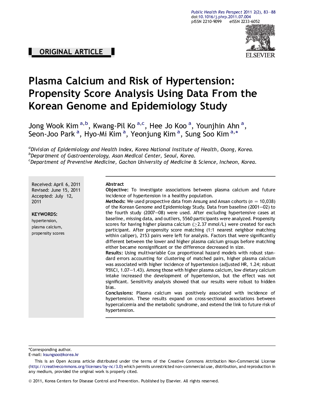 Plasma Calcium and Risk of Hypertension: Propensity Score Analysis Using Data From the Korean Genome and Epidemiology Study 