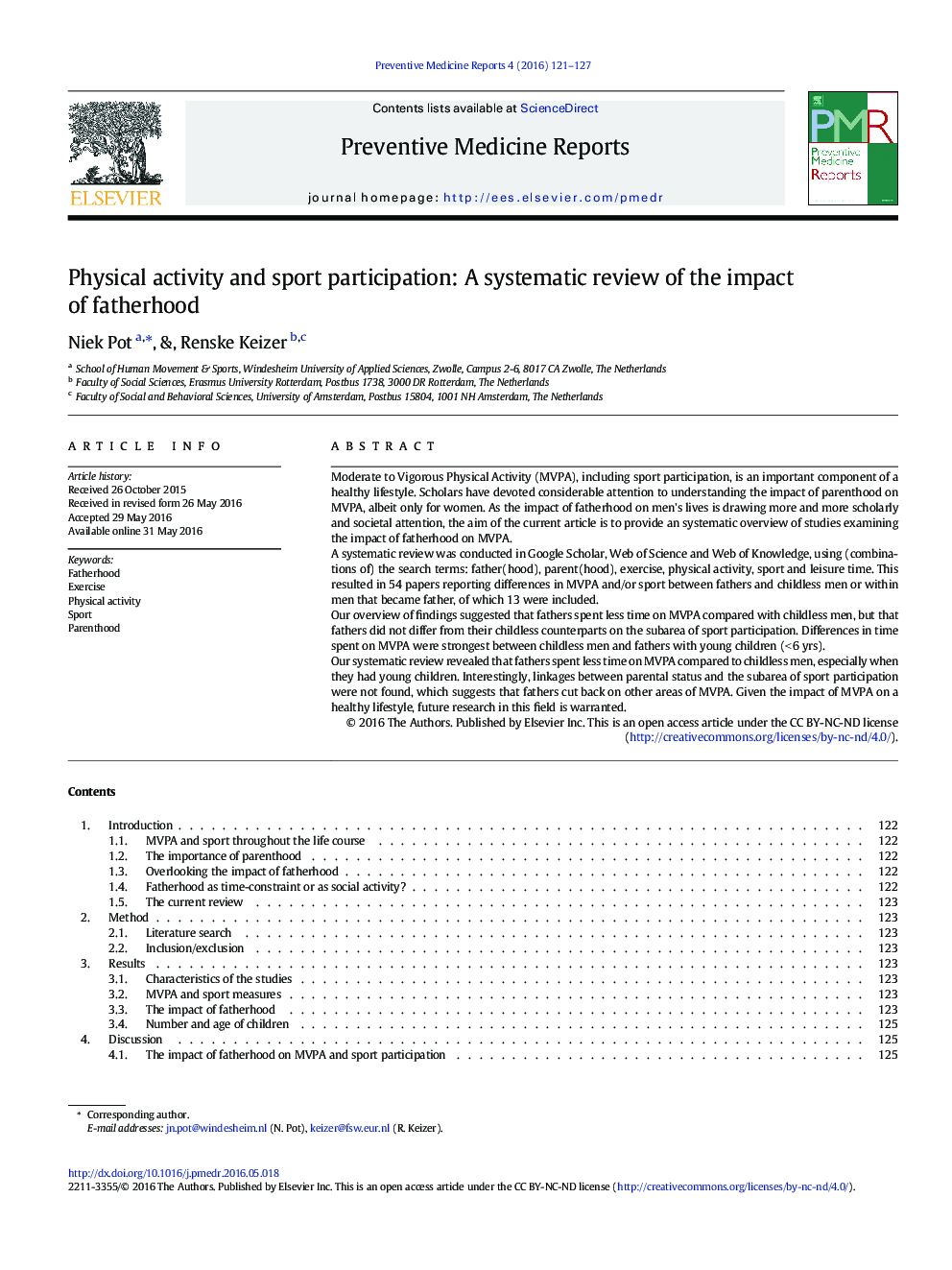 Physical activity and sport participation: A systematic review of the impact of fatherhood