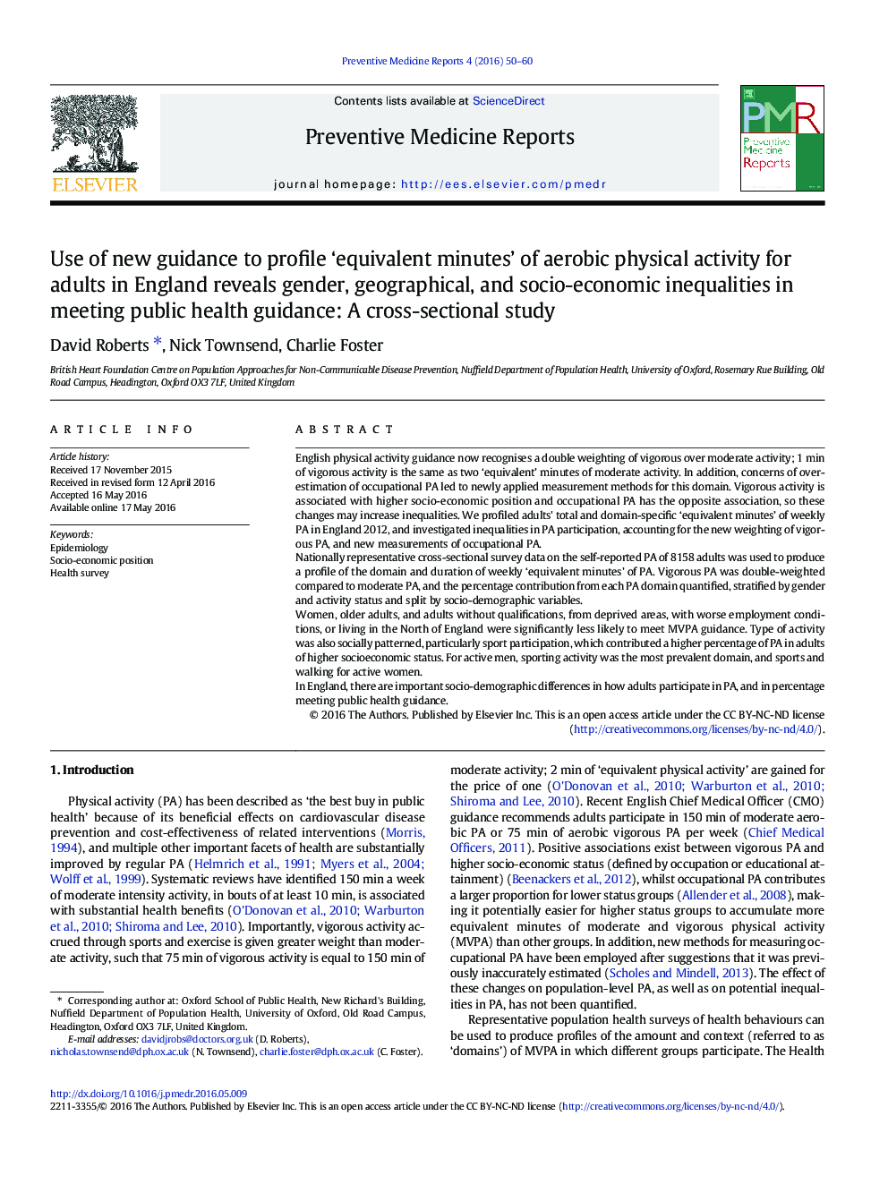 Use of new guidance to profile ‘equivalent minutes’ of aerobic physical activity for adults in England reveals gender, geographical, and socio-economic inequalities in meeting public health guidance: A cross-sectional study