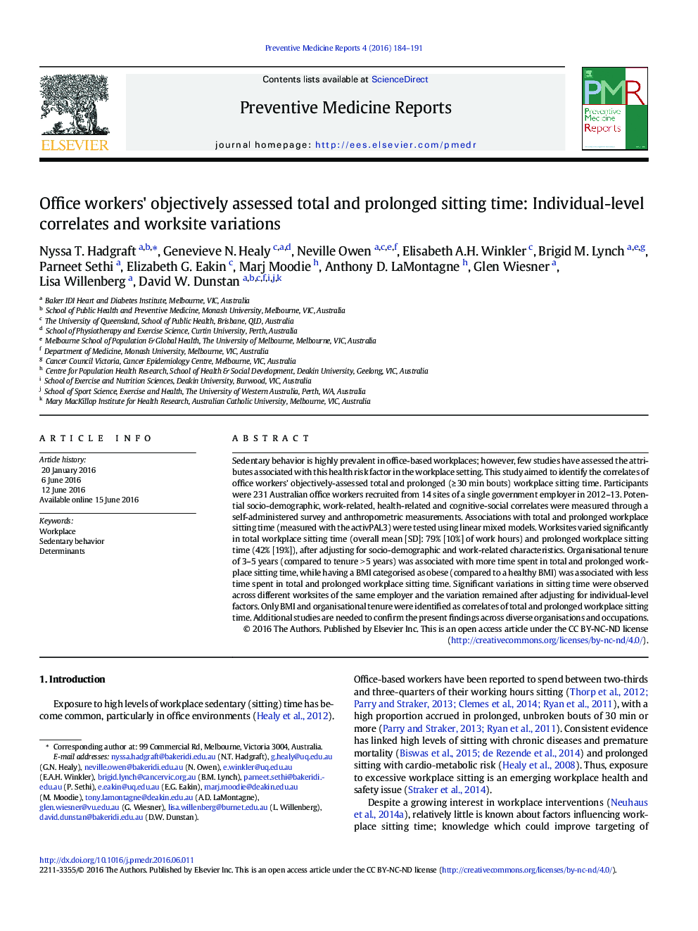 Office workers' objectively assessed total and prolonged sitting time: Individual-level correlates and worksite variations