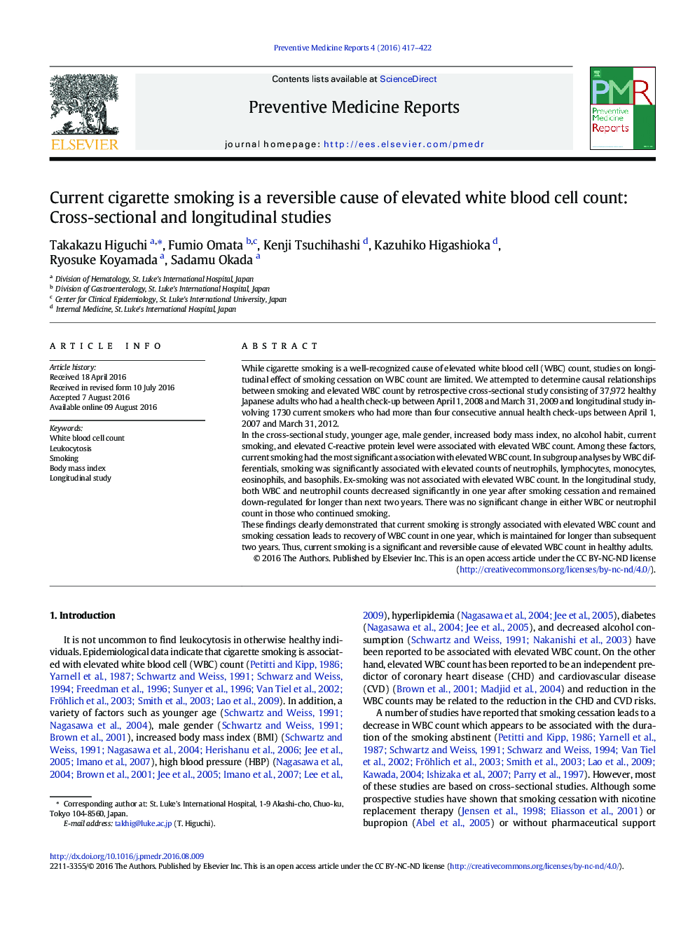 Current cigarette smoking is a reversible cause of elevated white blood cell count: Cross-sectional and longitudinal studies