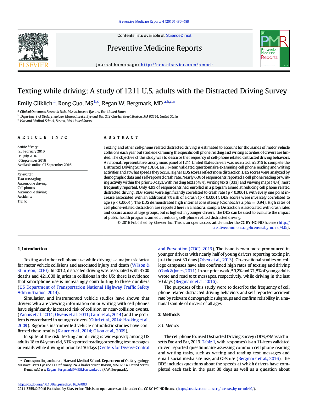 Texting while driving: A study of 1211 U.S. adults with the Distracted Driving Survey